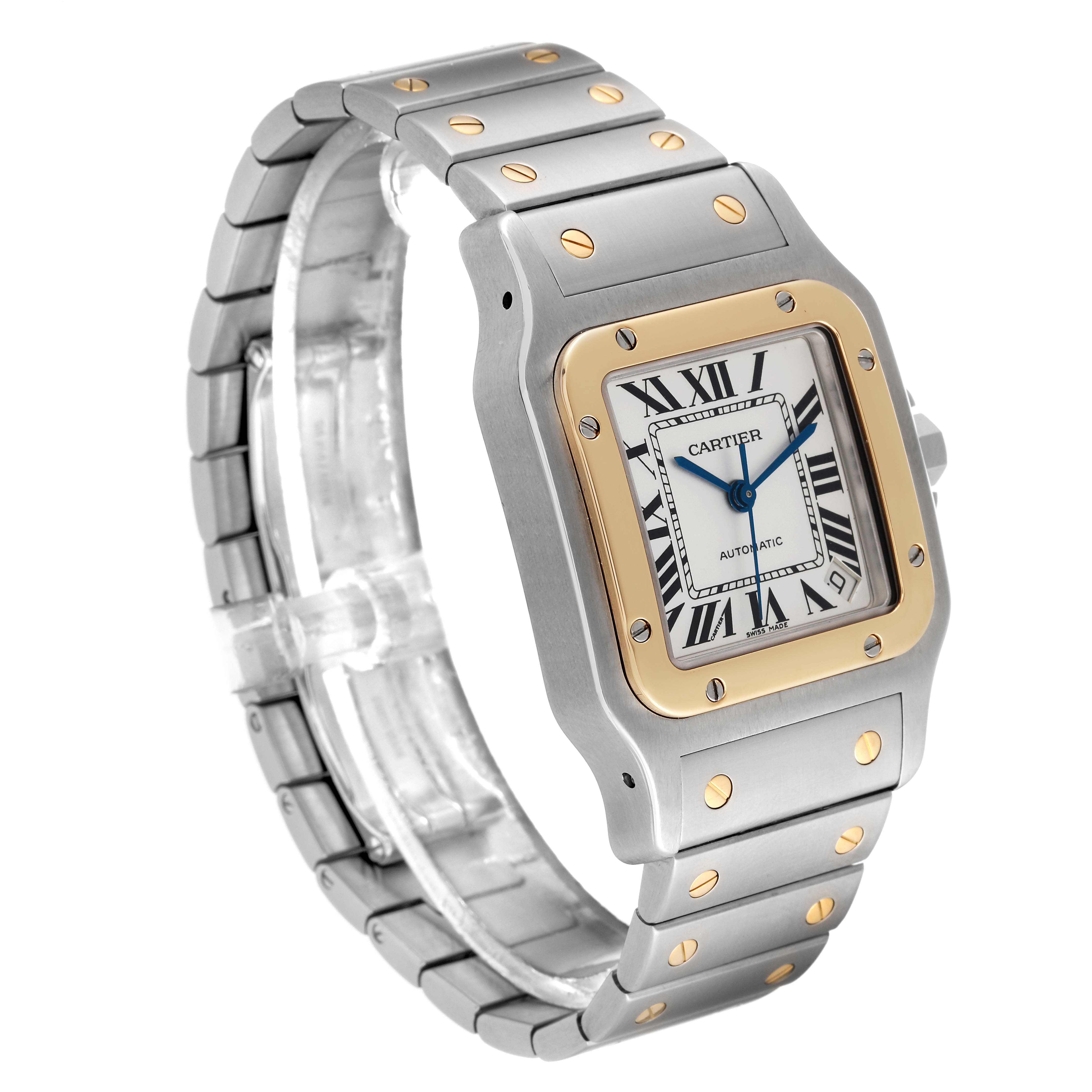 The Cartier Santos W20099C4 Men
s Steel and Gold (two tone) Silver Dial W20099C4 Men
s Steel and Gold (two tone) Silver Dial watch is shown at a three-quarter angle highlighting the face, bezel, and bracelet with gold screws.