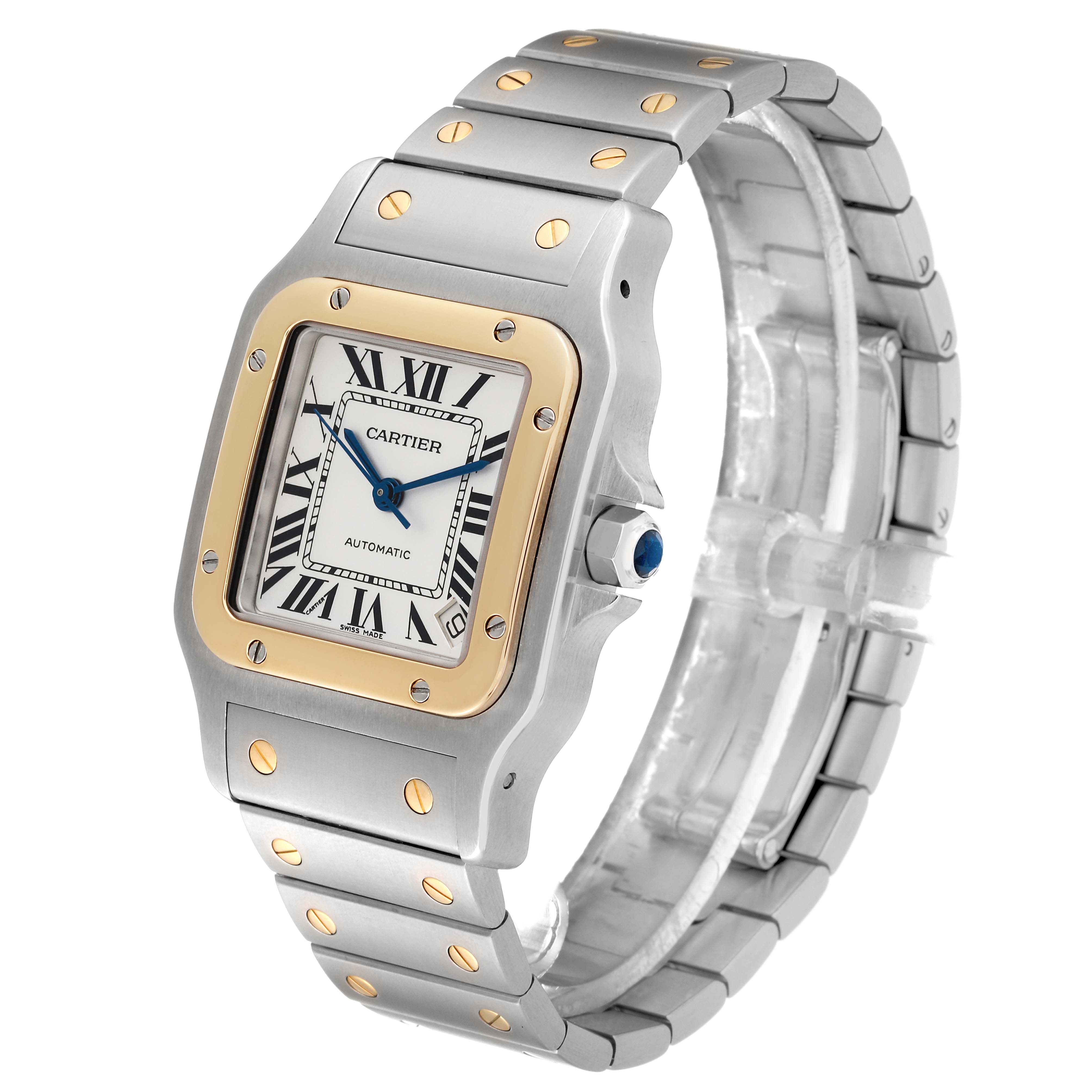 The Cartier Santos W20099C4 Men
s Steel and Gold (two tone) Silver Dial W20099C4 Men
s Steel and Gold (two tone) Silver Dial watch is shown at a three-quarter angle, displaying its stainless steel and gold bezel, Roman numeral dial, and metal bracelet.