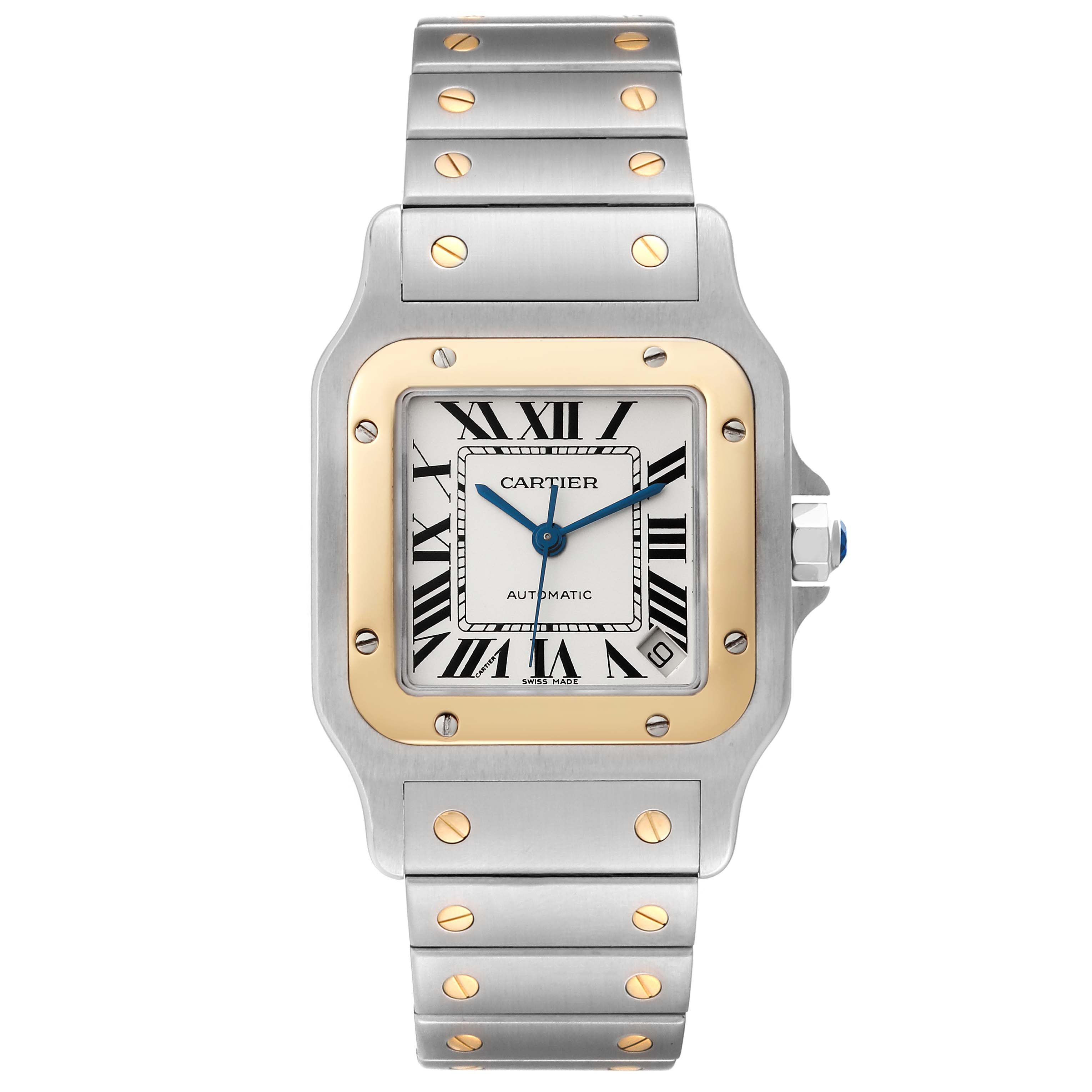 The Cartier Santos W20099C4 Men
s Steel and Gold (two tone) Silver Dial W20099C4 Men
s Steel and Gold (two tone) Silver Dial watch is shown from a front angle highlighting its face, bezel, crown, and metal strap with exposed screws.
