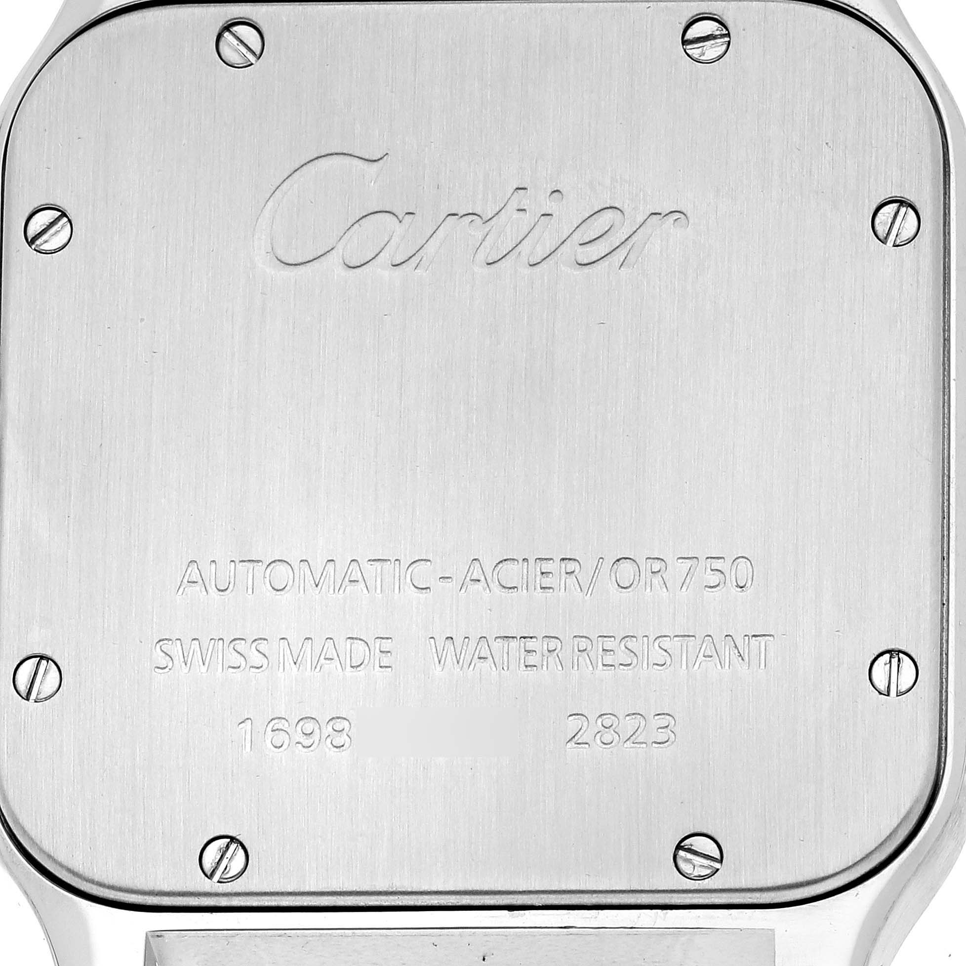 The image shows the case back of a Santos model watch by Cartier.