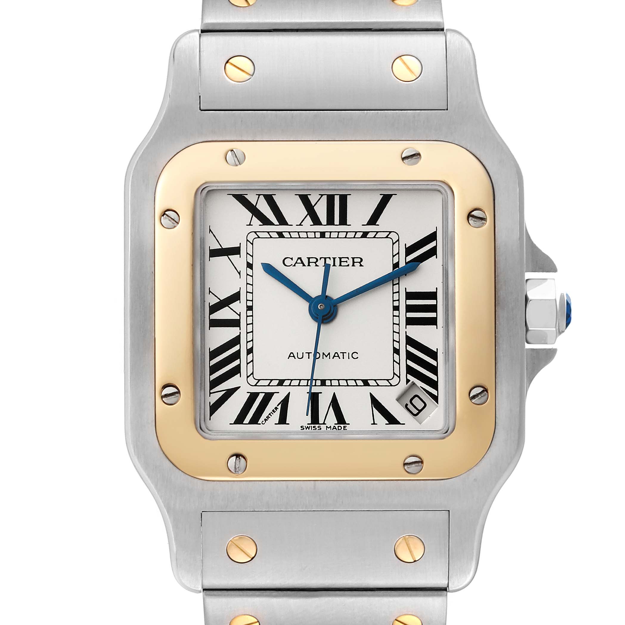 This Cartier Santos W20099C4 Men
s Steel and Gold (two tone) Silver Dial W20099C4 Men
s Steel and Gold (two tone) Silver Dial model watch is shown from the front, displaying its dial, bezel, hands, and part of the strap.