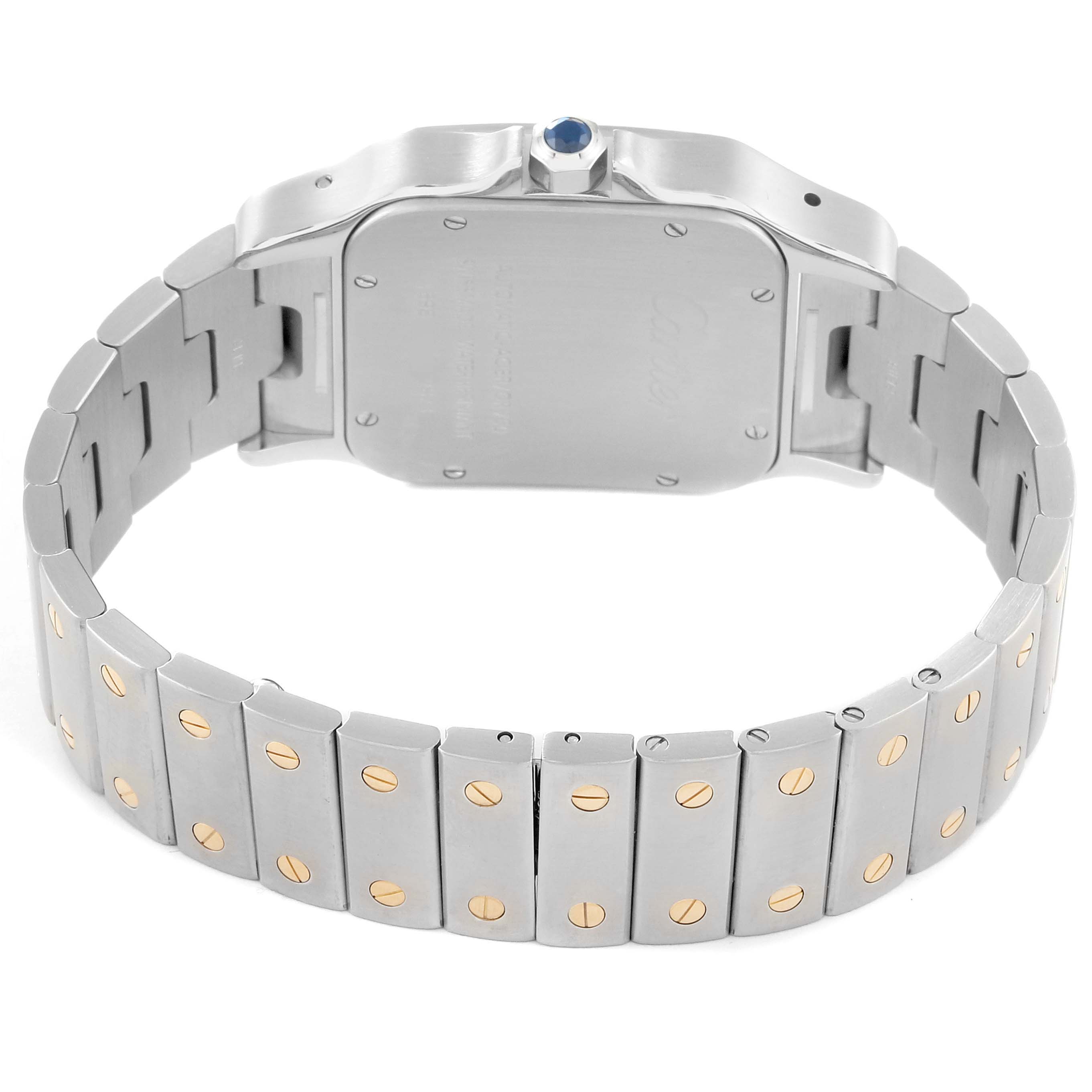 The image shows the back view and bracelet of a Cartier Santos W20099C4 Men
s Steel and Gold (two tone) Silver Dial W20099C4 Men
s Steel and Gold (two tone) Silver Dial watch, highlighting the case and bracelet screws.