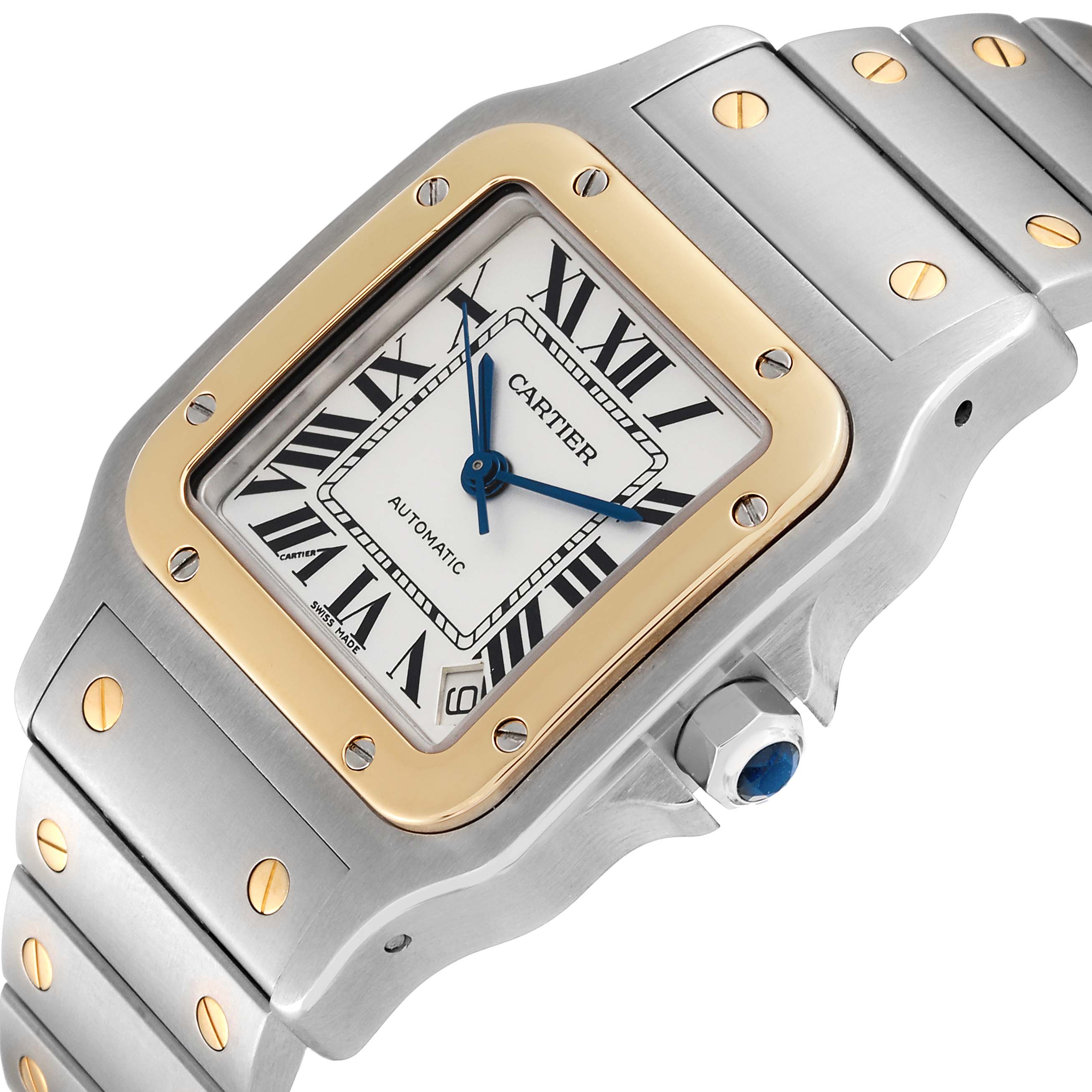 The image shows a Santos model by Cartier from a top-side angle, highlighting the dial, bezel, and part of the bracelet.