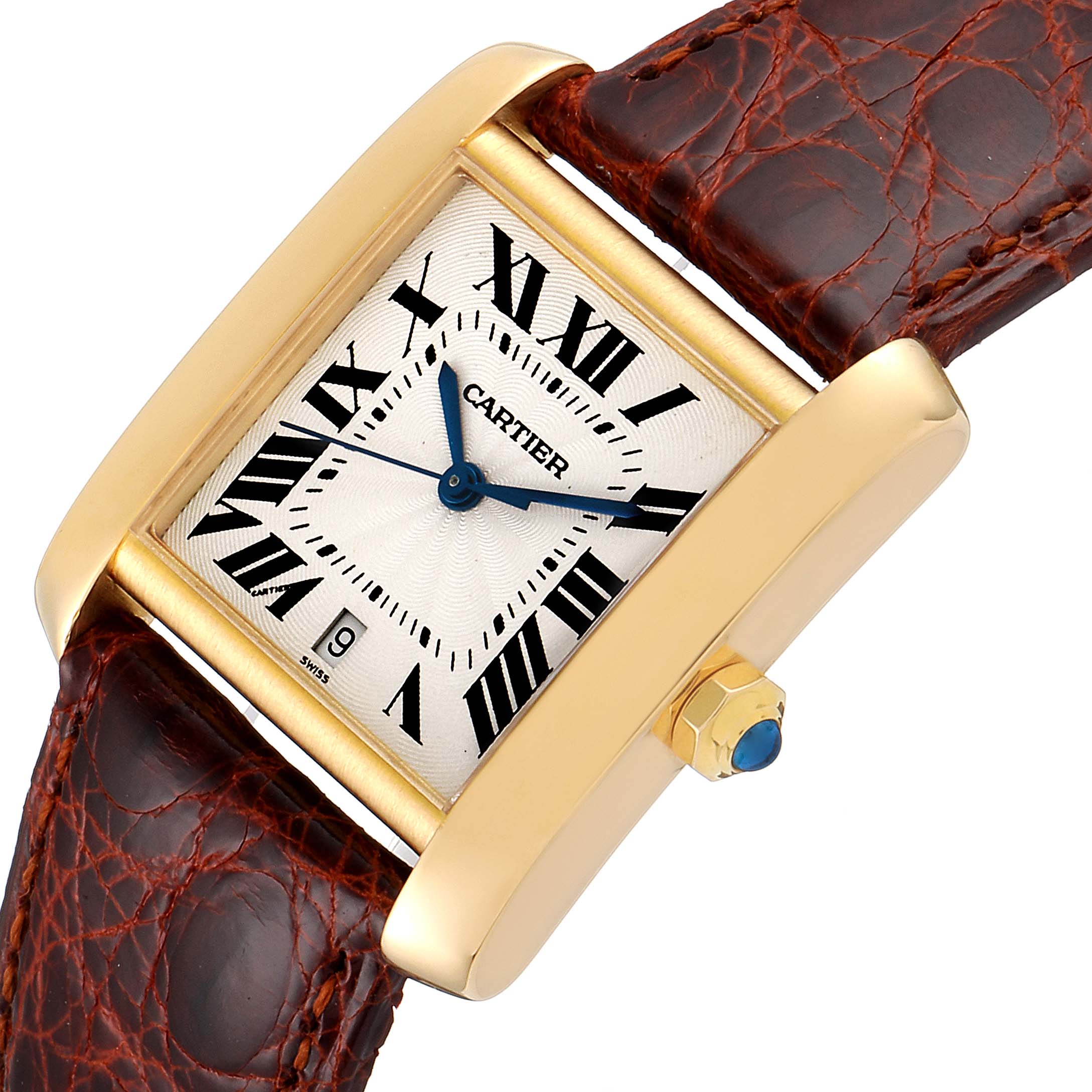 The image displays the dial, crown, and part of the brown leather strap of the Cartier Tank Francaise W5000156 Men's Yellow Gold Silver Dial W5000156 Men's Yellow Gold Silver Dial watch at an angled view.