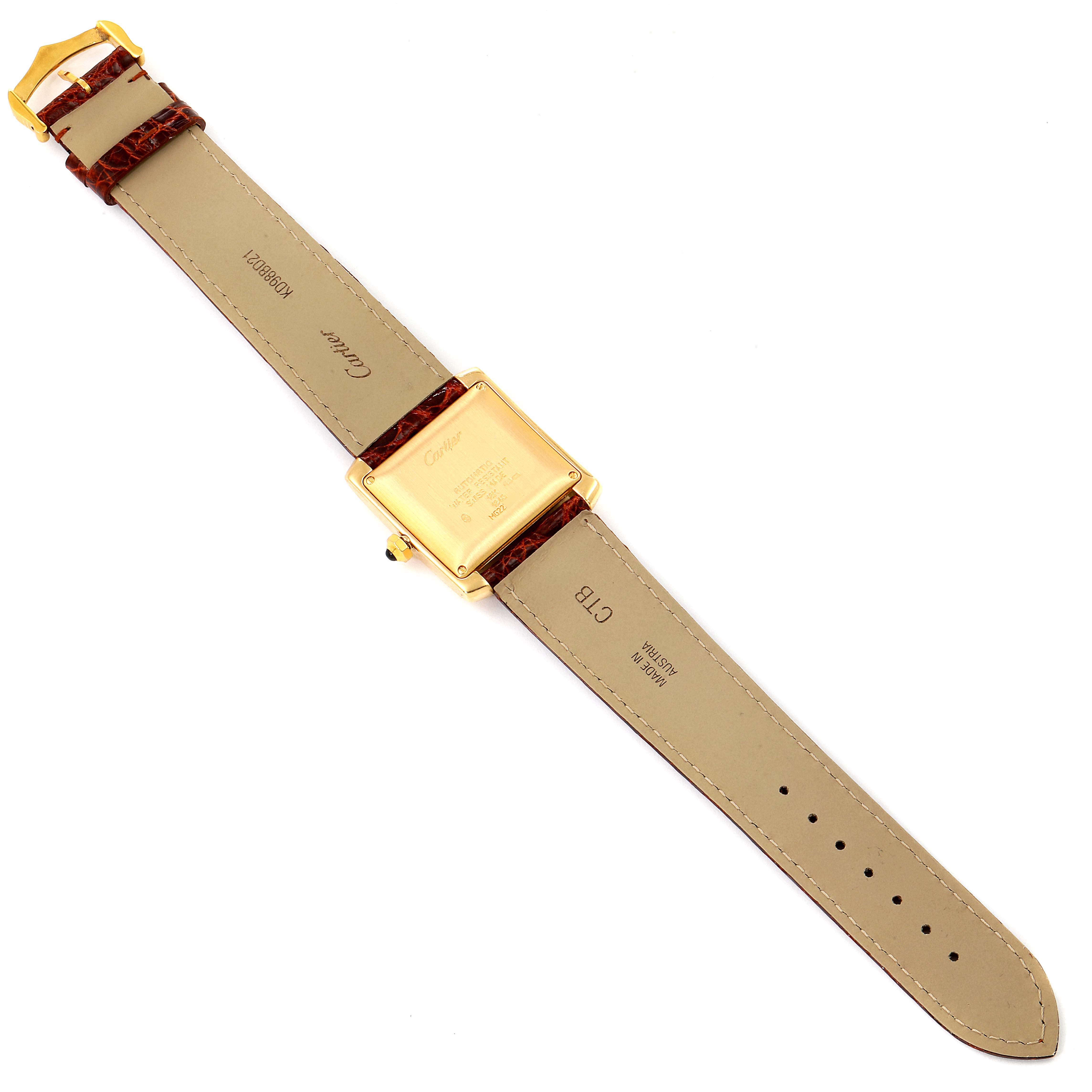 The image shows the back of a Cartier Tank Francaise W5000156 Men's Yellow Gold Silver Dial W5000156 Men's Yellow Gold Silver Dial watch, displaying the strap, buckle, and caseback.