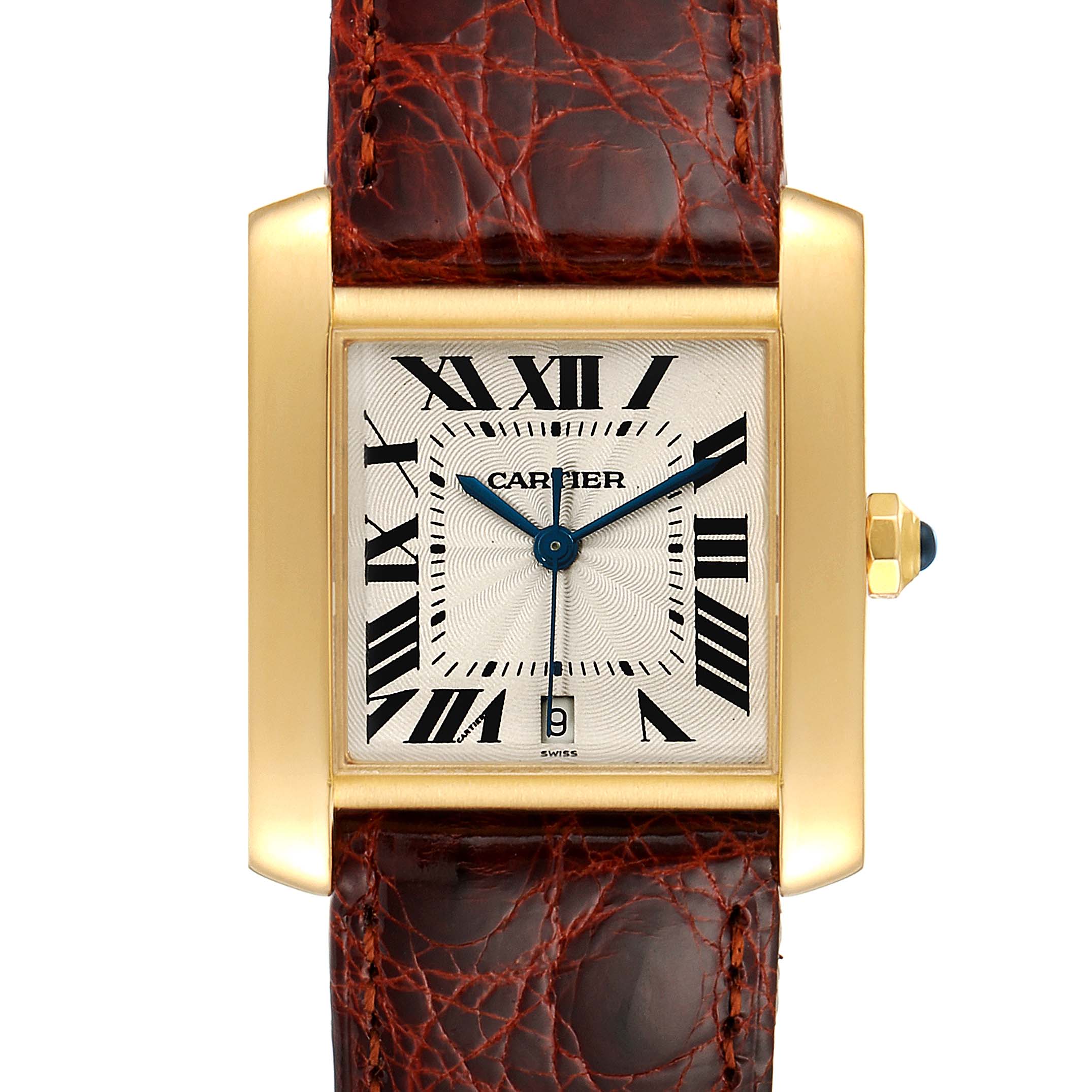 This image shows a front view of the face and partial leather strap of the Cartier Tank Française watch.