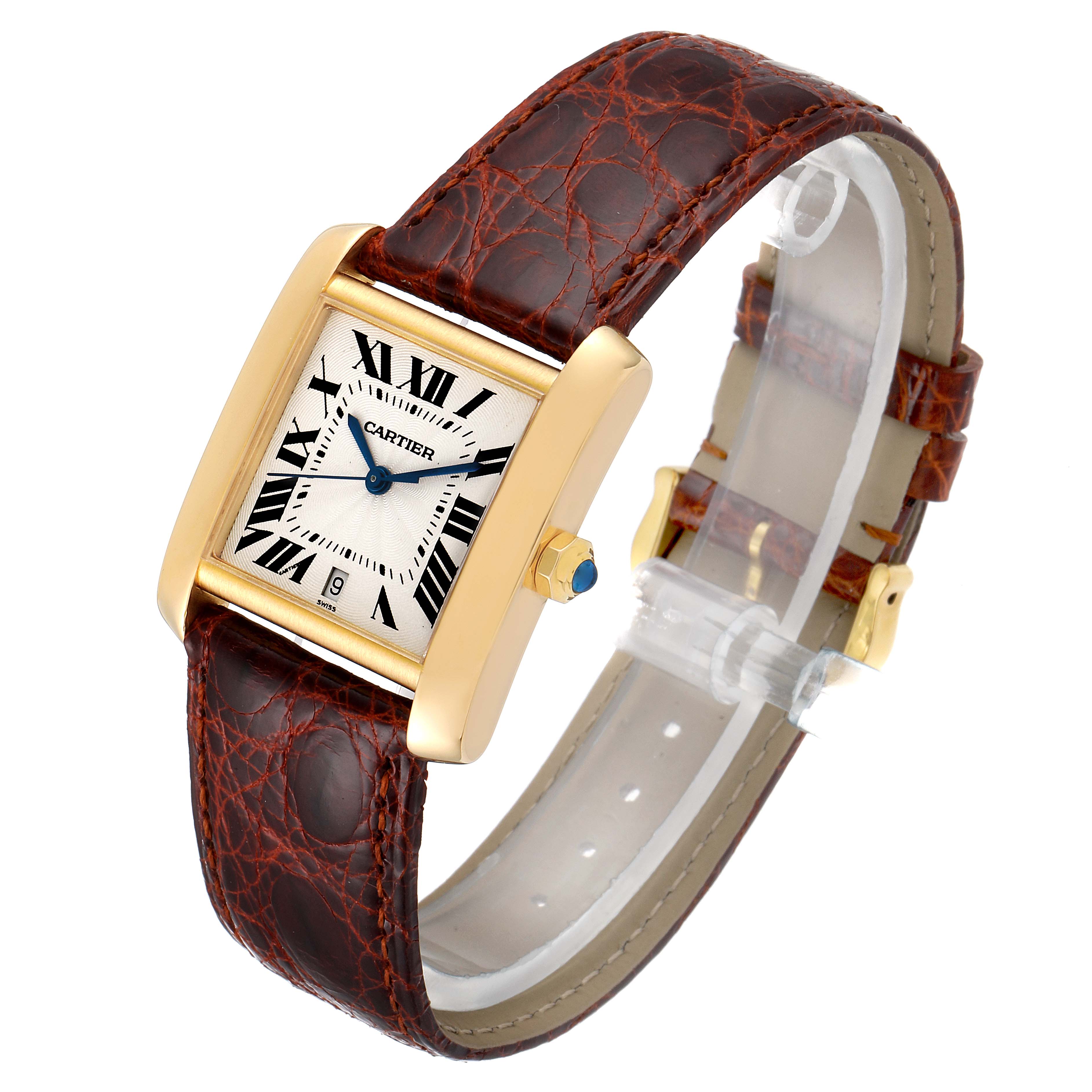 This Cartier Tank Francaise W5000156 Men's Yellow Gold Silver Dial W5000156 Men's Yellow Gold Silver Dial watch is shown at an angled view, highlighting its gold case, white dial, and brown leather strap.