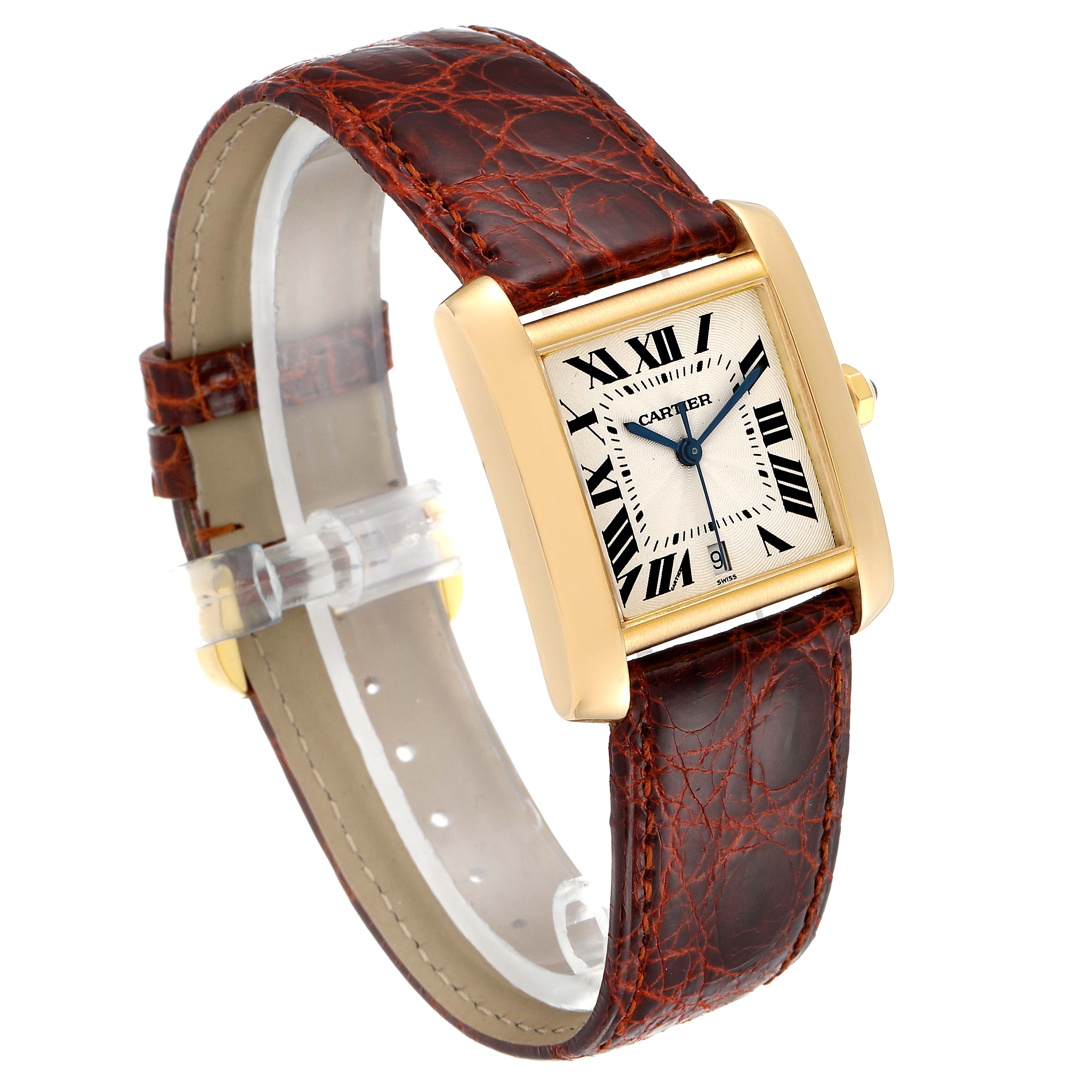The Cartier Tank Francaise W5000156 Men's Yellow Gold Silver Dial W5000156 Men's Yellow Gold Silver Dial watch is shown from an angled front view, highlighting its dial, case, and leather strap.