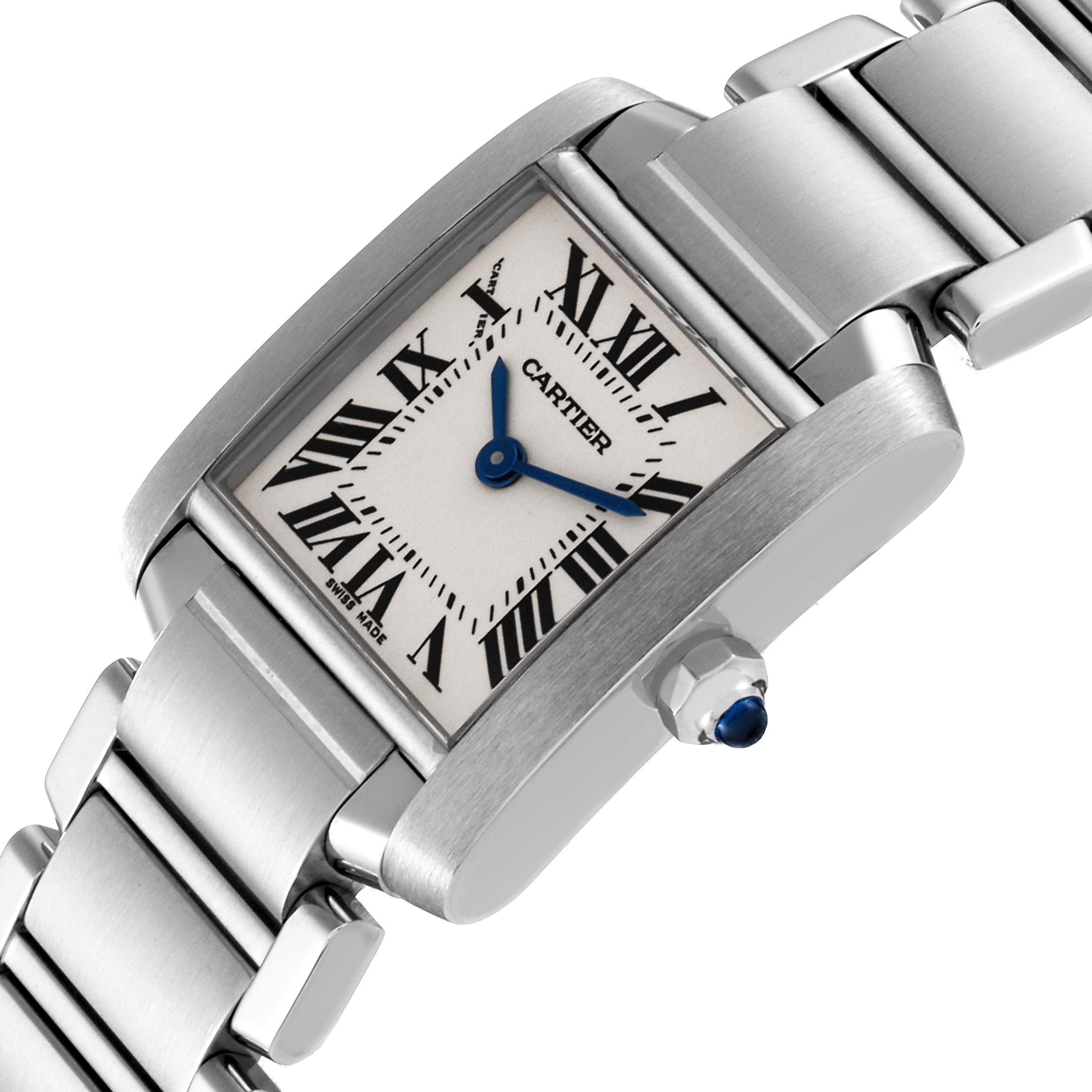 The image shows a close-up angled view of the Cartier Tank Francaise W51008Q3 Women
s Stainless Steel Silver Dial W51008Q3 Women
s Stainless Steel Silver Dial watch, highlighting the face, dial, and part of the stainless steel bracelet.