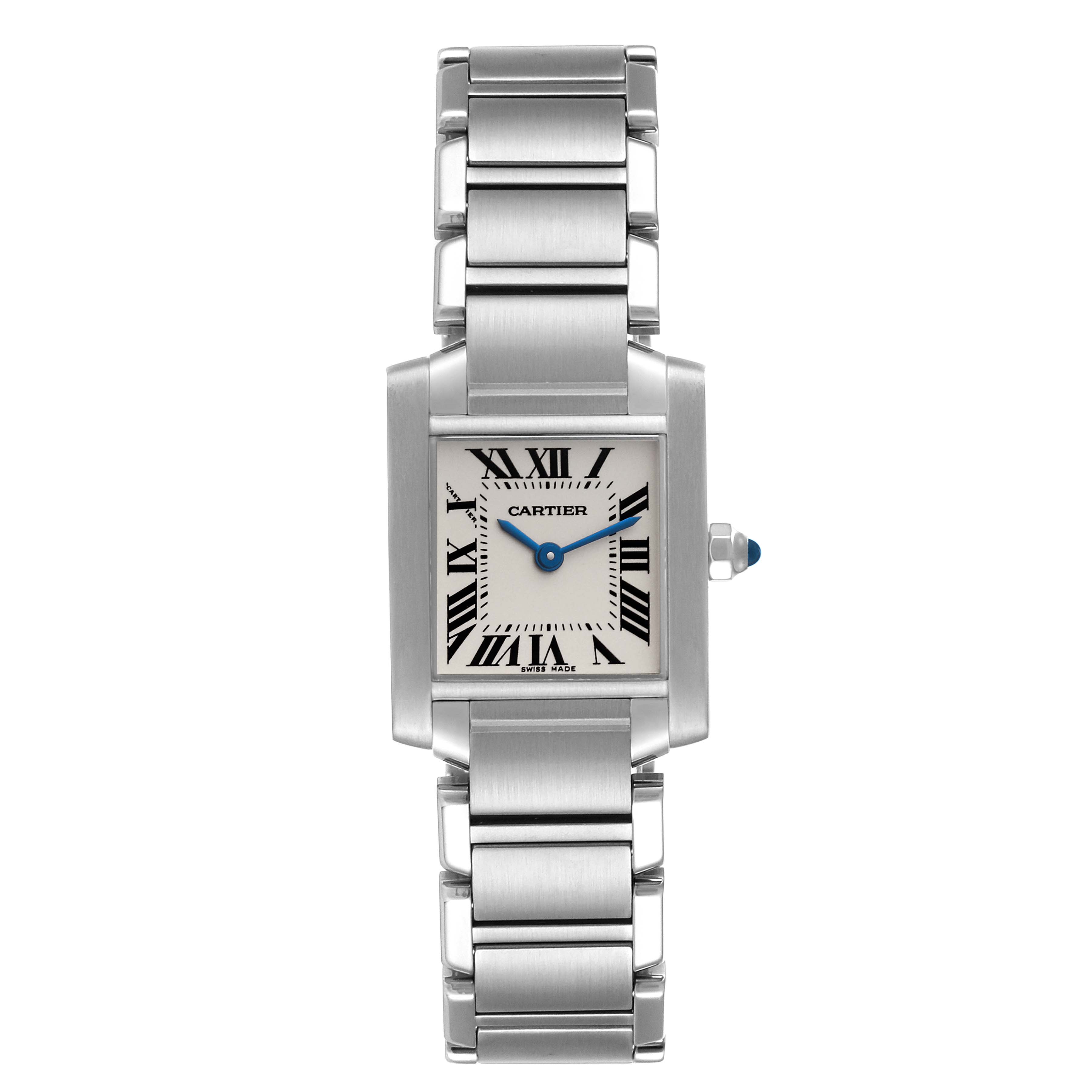 The image shows a front view of a Tank Francaise watch by Cartier, displaying the dial, bracelet, and crown.
