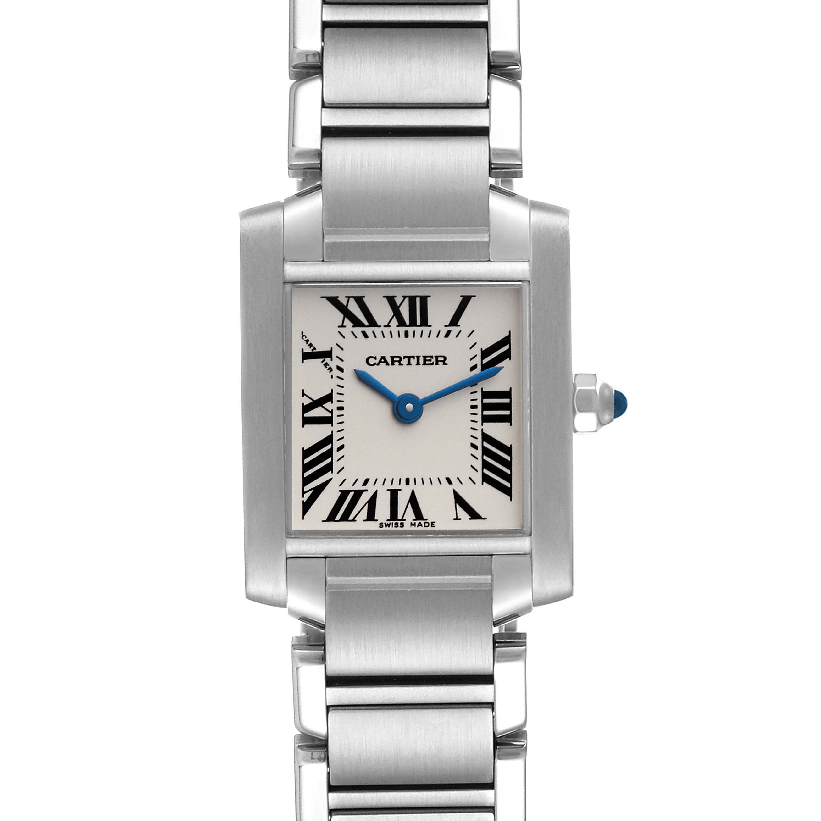The image shows a front view of the face and stainless steel bracelet of a Cartier Tank Française watch.
