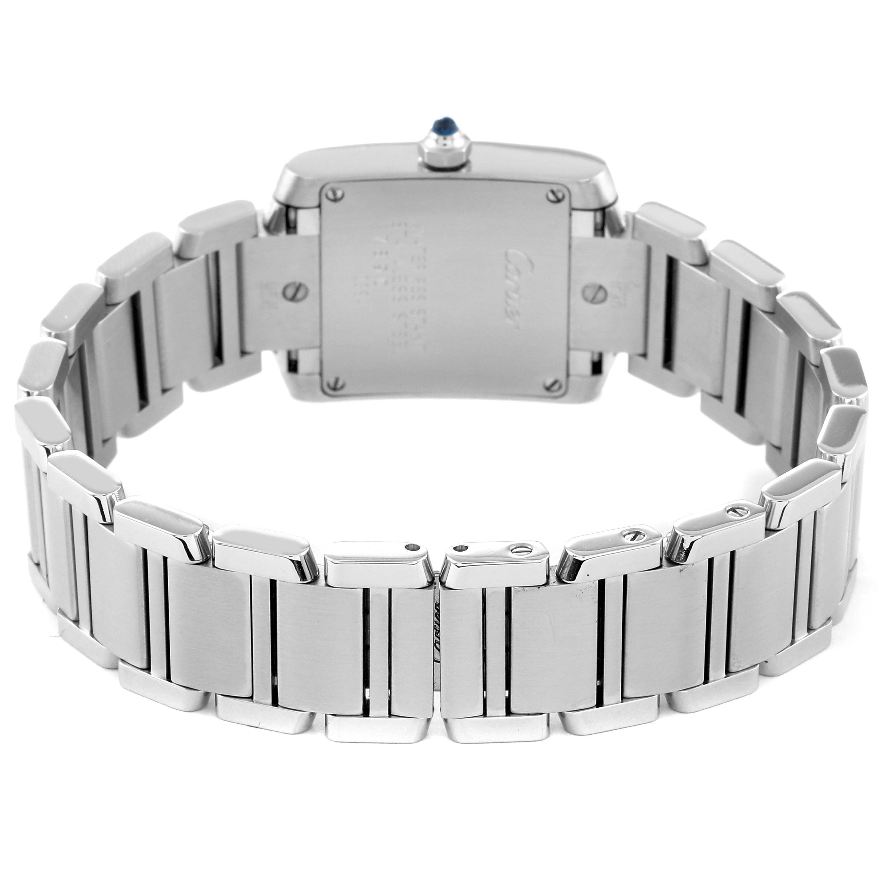 This image shows the back view of the Tank Francaise watch by Cartier, focusing on its stainless steel bracelet and case back.