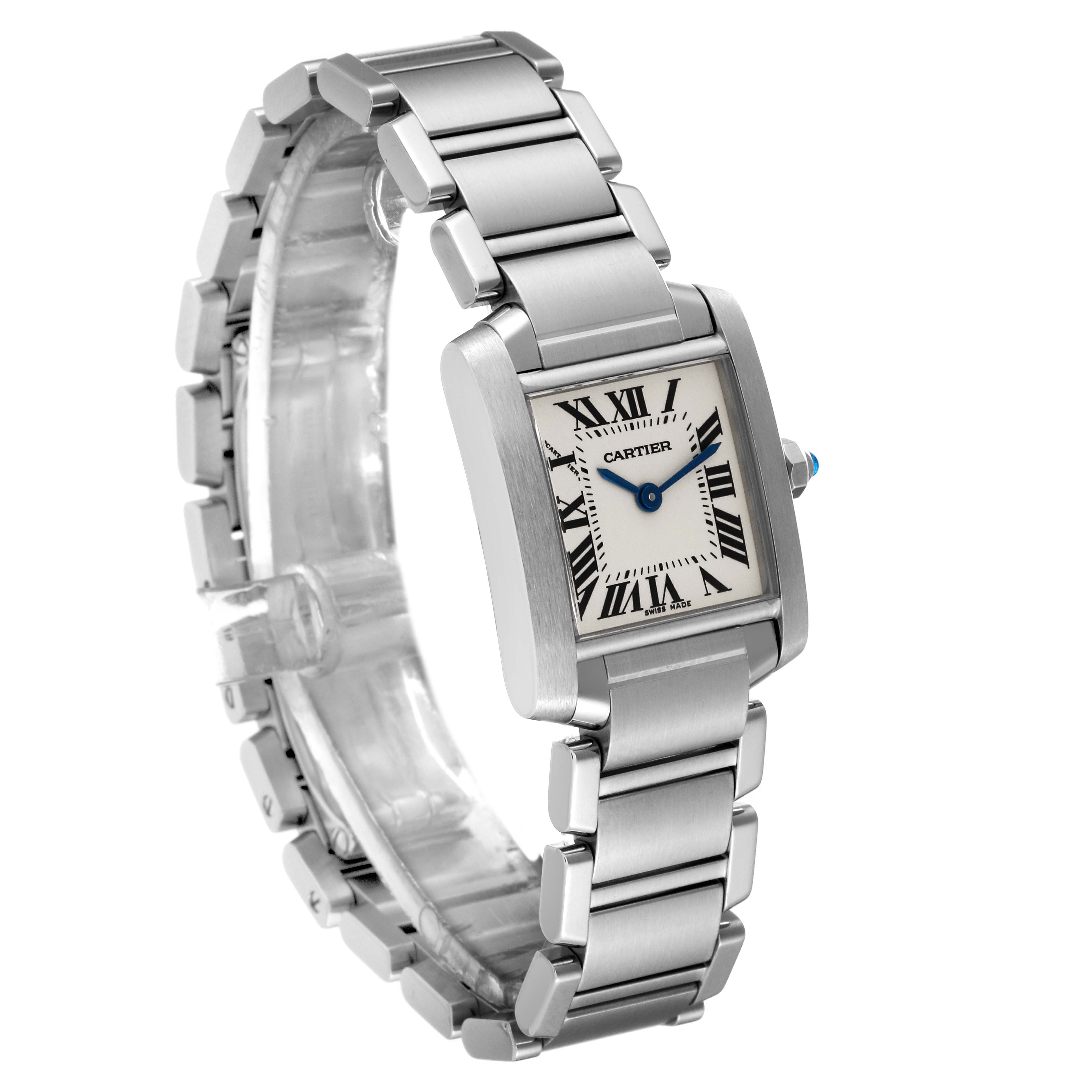 The Cartier Tank Francaise W51008Q3 Women
s Stainless Steel Silver Dial W51008Q3 Women
s Stainless Steel Silver Dial watch is shown at a three-quarter angle, highlighting its rectangular face and stainless steel bracelet.