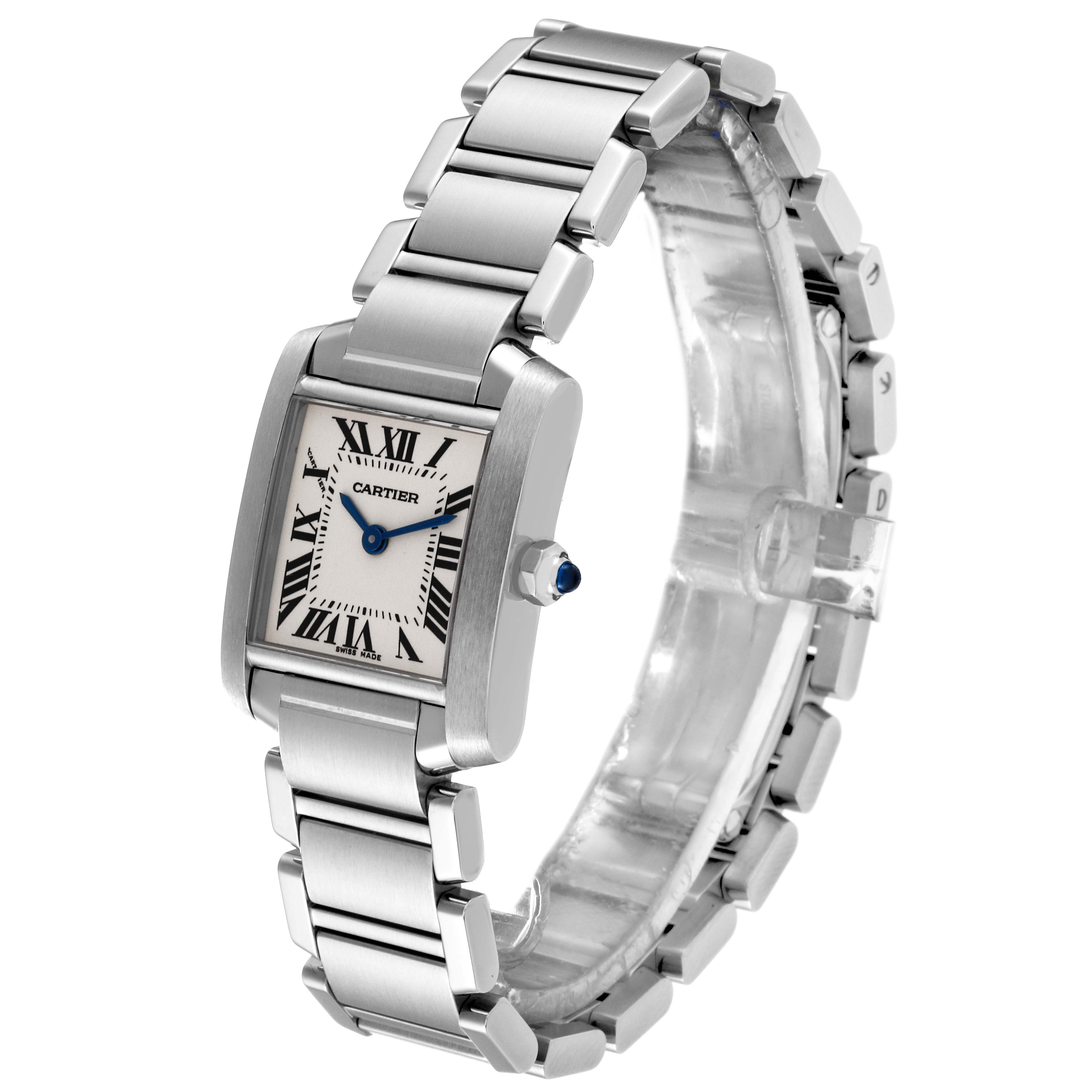 The Cartier Tank Francaise W51008Q3 Women
s Stainless Steel Silver Dial W51008Q3 Women
s Stainless Steel Silver Dial watch is shown at a three-quarter angle, displaying the face, bracelet, and crown with a blue cabochon.