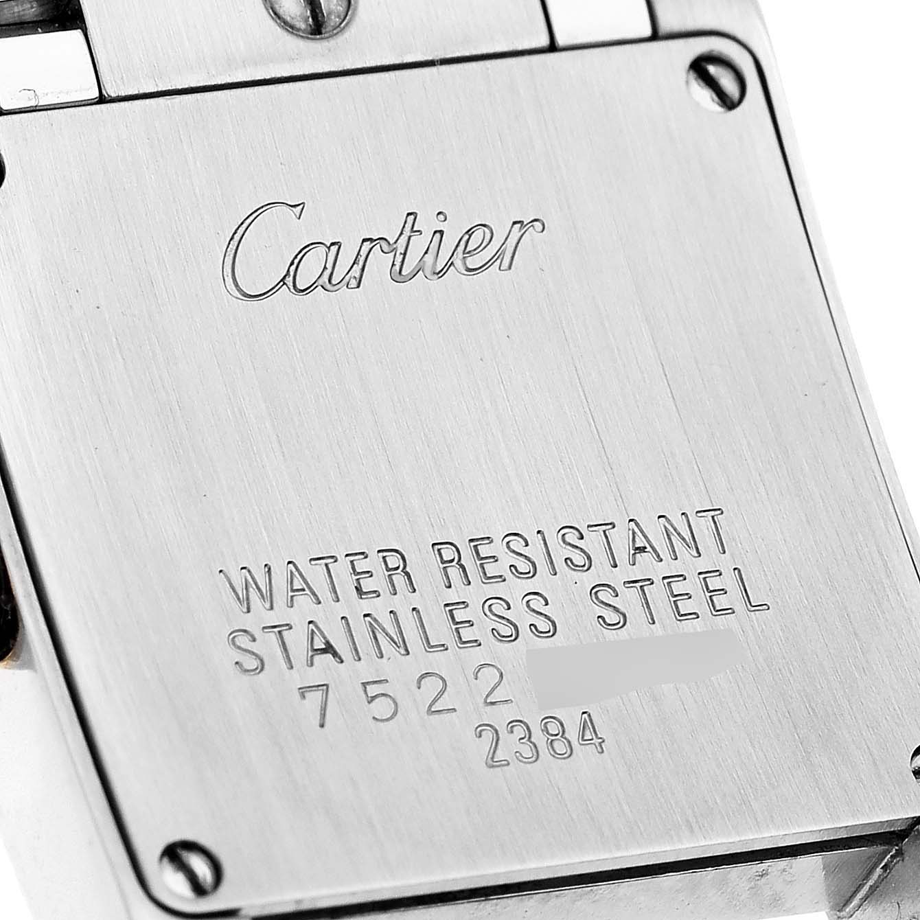 This image shows the back case of a Cartier Tank Francaise W51007Q4 Women's Steel and Gold (two tone) Silver Dial W51007Q4 Women's Steel and Gold (two tone) Silver Dial watch, displaying the brand and model details.