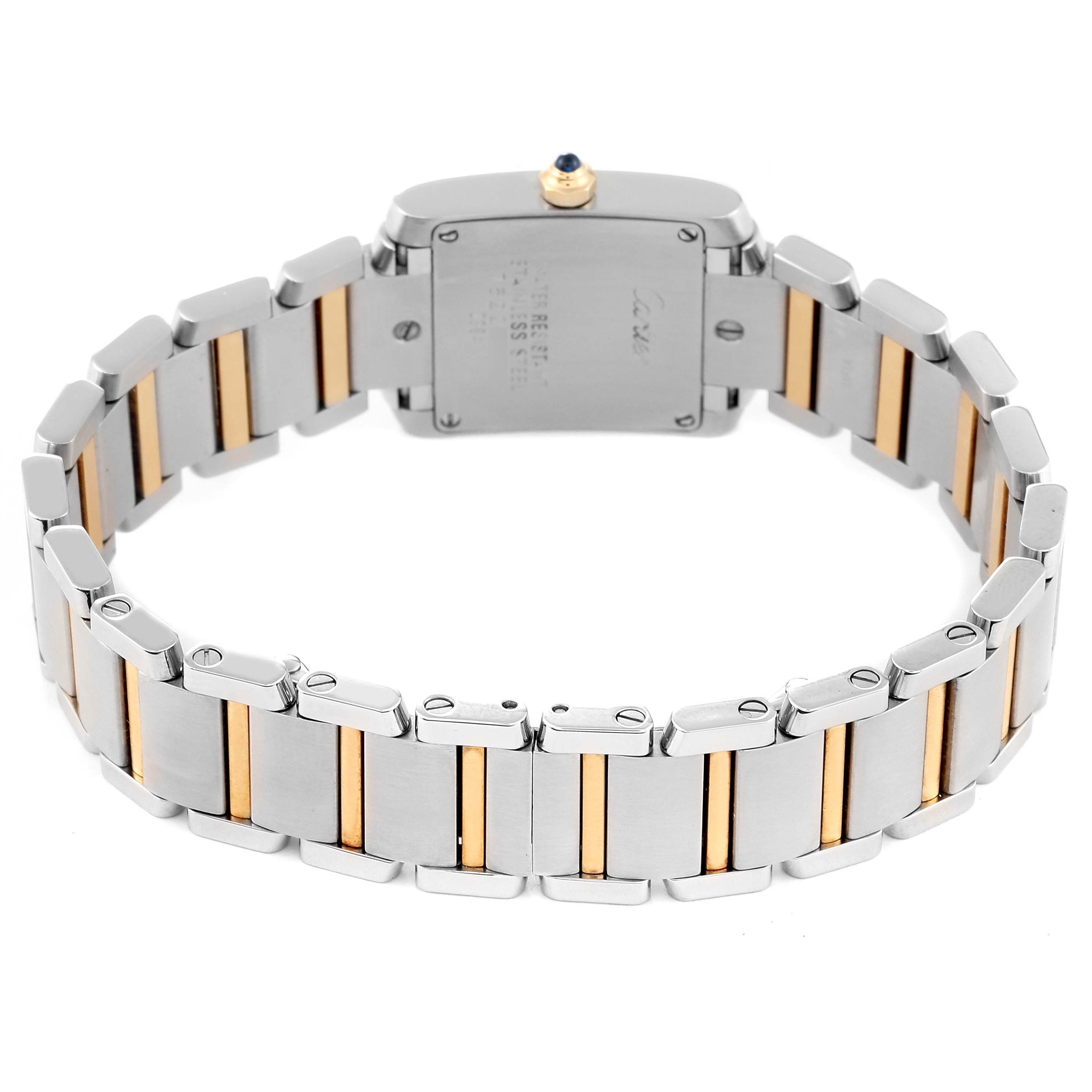 The image shows the back view of a Cartier Tank Francaise W51007Q4 Women's Steel and Gold (two tone) Silver Dial W51007Q4 Women's Steel and Gold (two tone) Silver Dial watch, highlighting its metal bracelet and case back.