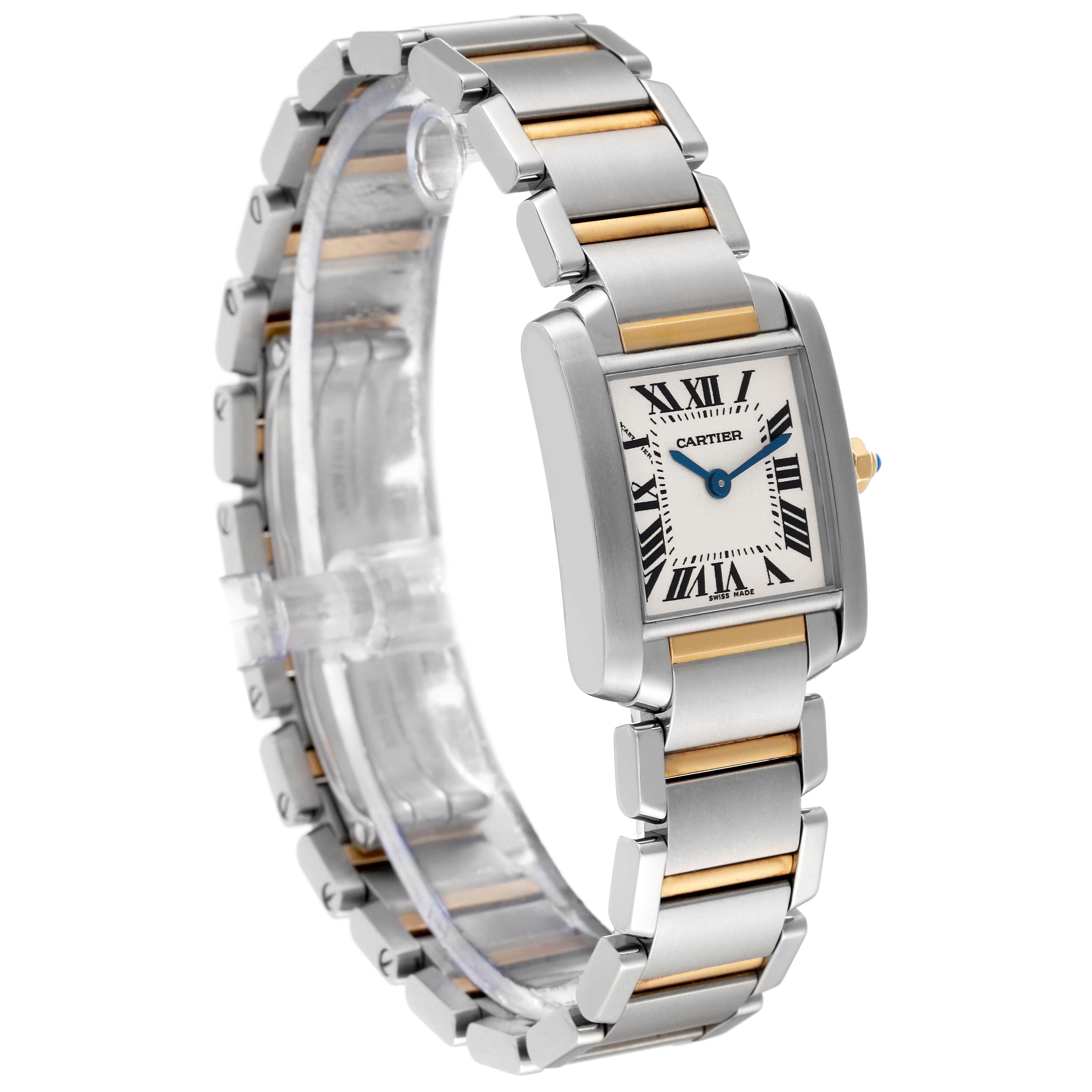 The Cartier Tank Francaise W51007Q4 Women's Steel and Gold (two tone) Silver Dial W51007Q4 Women's Steel and Gold (two tone) Silver Dial watch is shown at a three-quarter angle, displaying the face, bezel, and metal bracelet.
