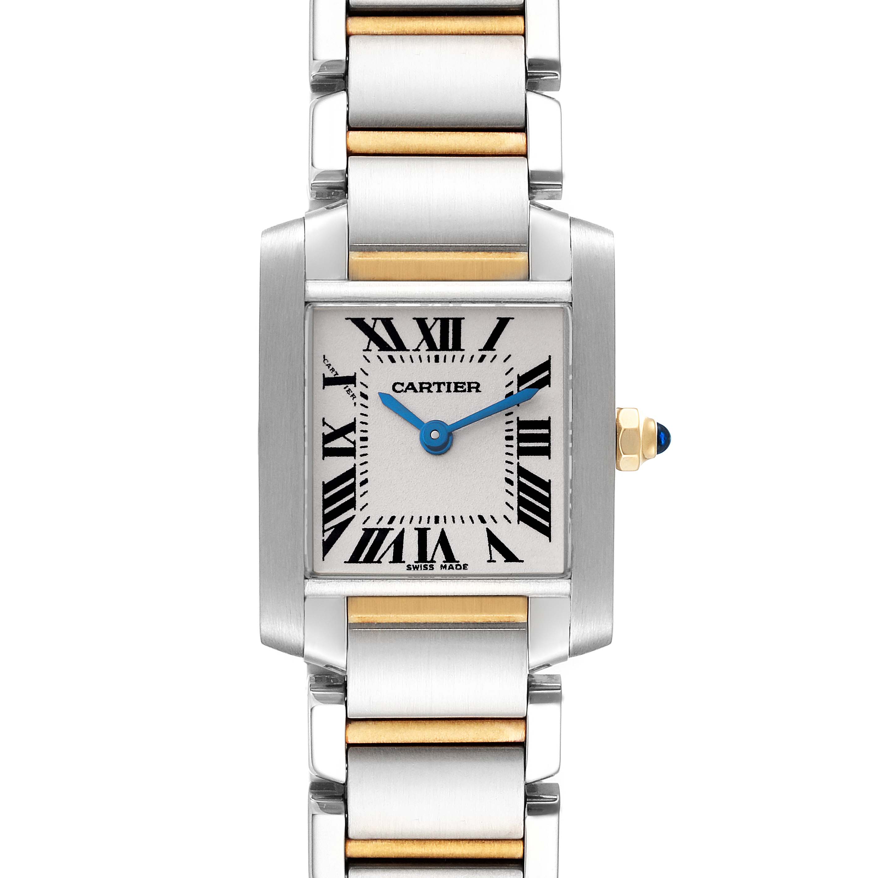 The image shows a front view of a Cartier Tank Francaise W51007Q4 Women's Steel and Gold (two tone) Silver Dial W51007Q4 Women's Steel and Gold (two tone) Silver Dial watch, highlighting the face, bezel, and bracelet.
