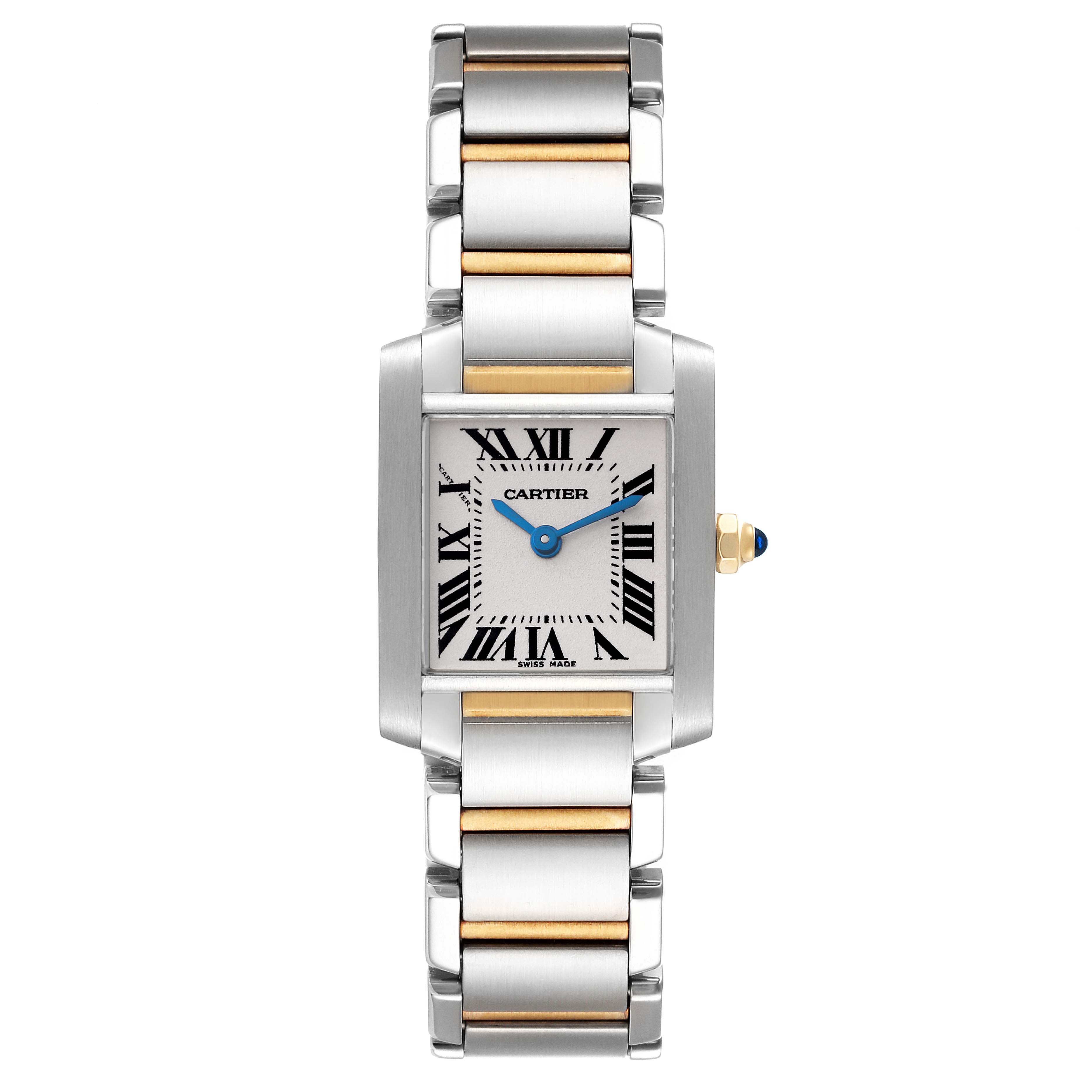 The image shows a frontal view of the Cartier Tank Française watch, highlighting its rectangular face, Roman numerals, and two-tone metal bracelet.