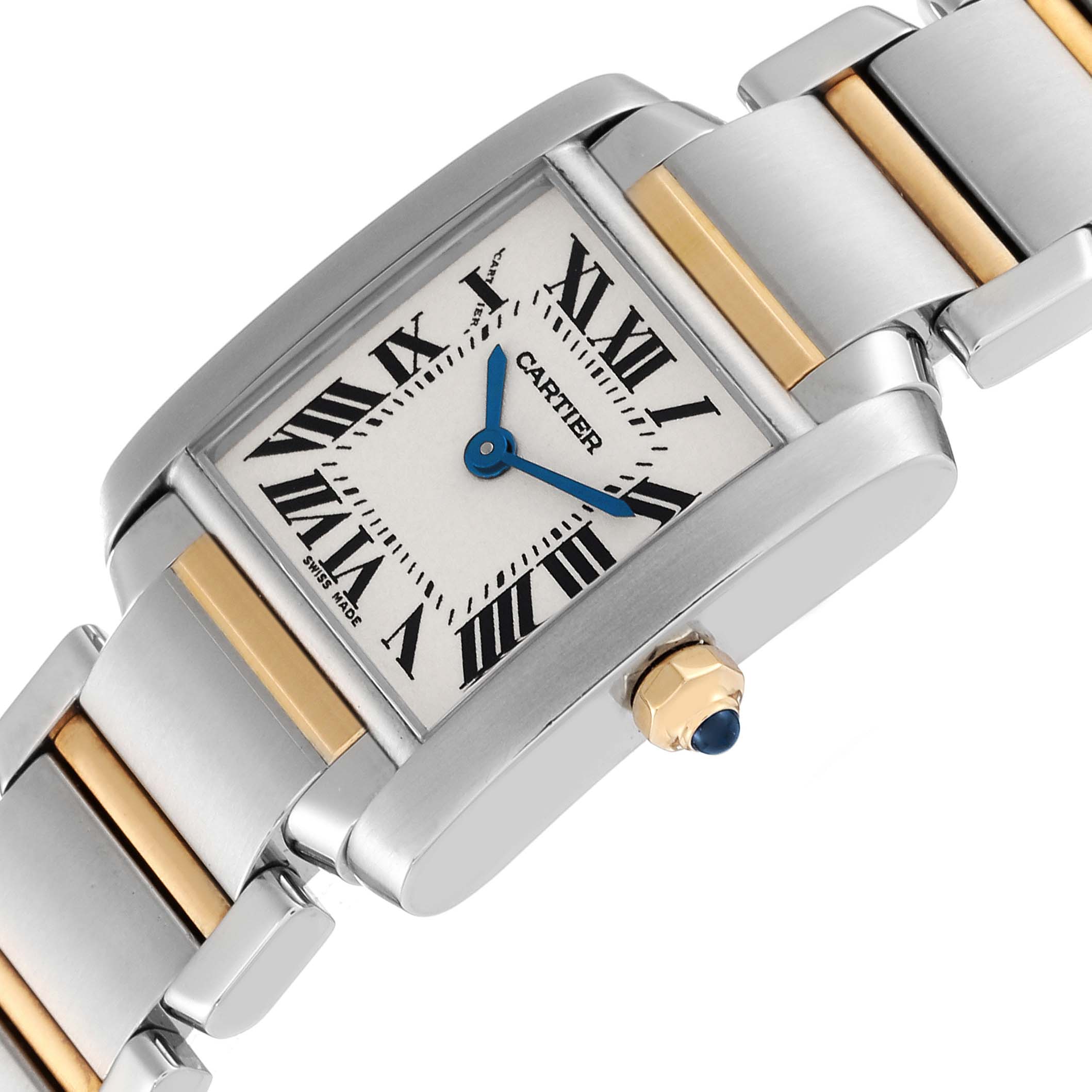 The Cartier Tank Francaise W51007Q4 Women's Steel and Gold (two tone) Silver Dial W51007Q4 Women's Steel and Gold (two tone) Silver Dial watch is shown from a diagonal angle, highlighting the face, crown, and part of the bracelet.