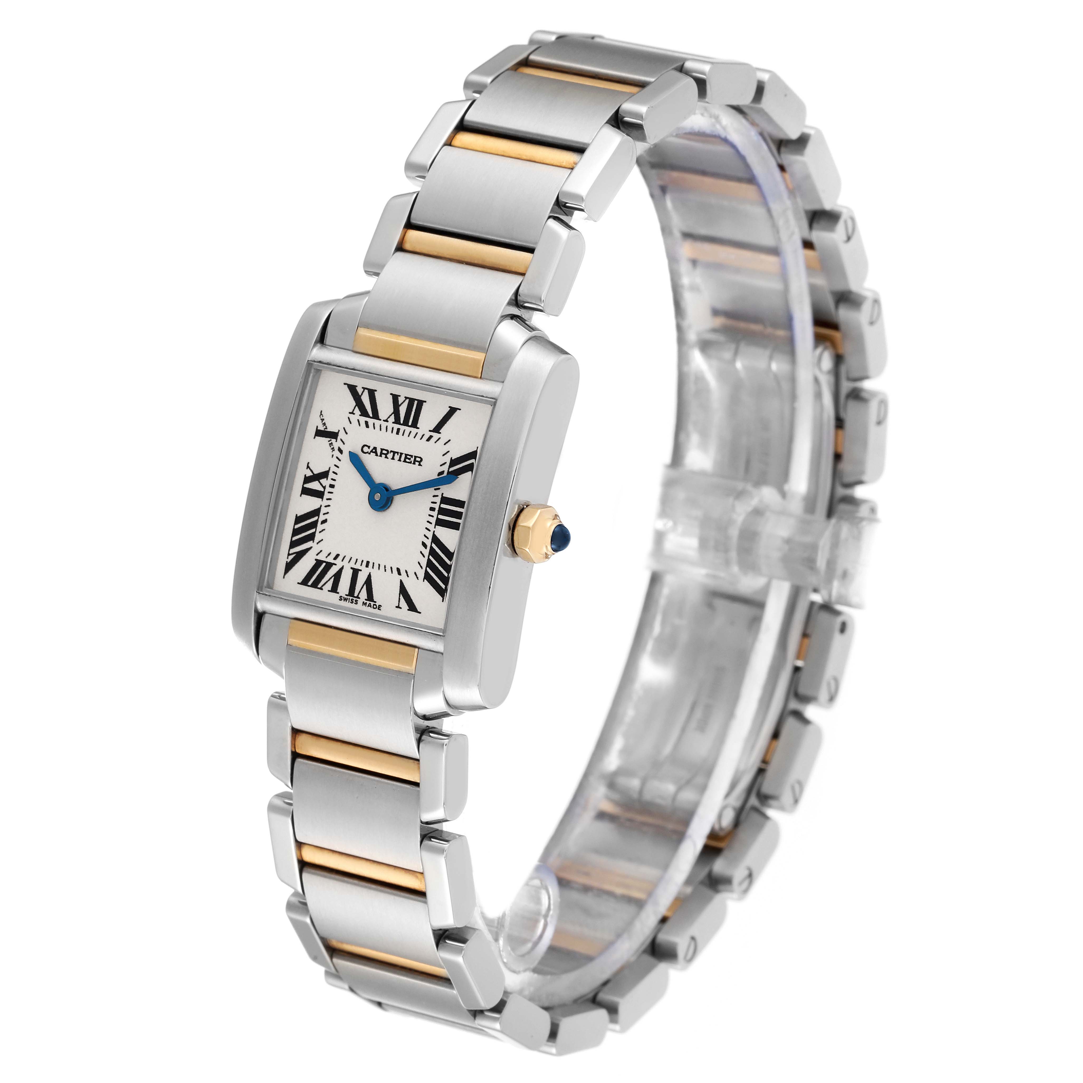 The image shows a side view of the Cartier Tank Francaise W51007Q4 Women's Steel and Gold (two tone) Silver Dial W51007Q4 Women's Steel and Gold (two tone) Silver Dial watch, highlighting its wristband and rectangular dial.