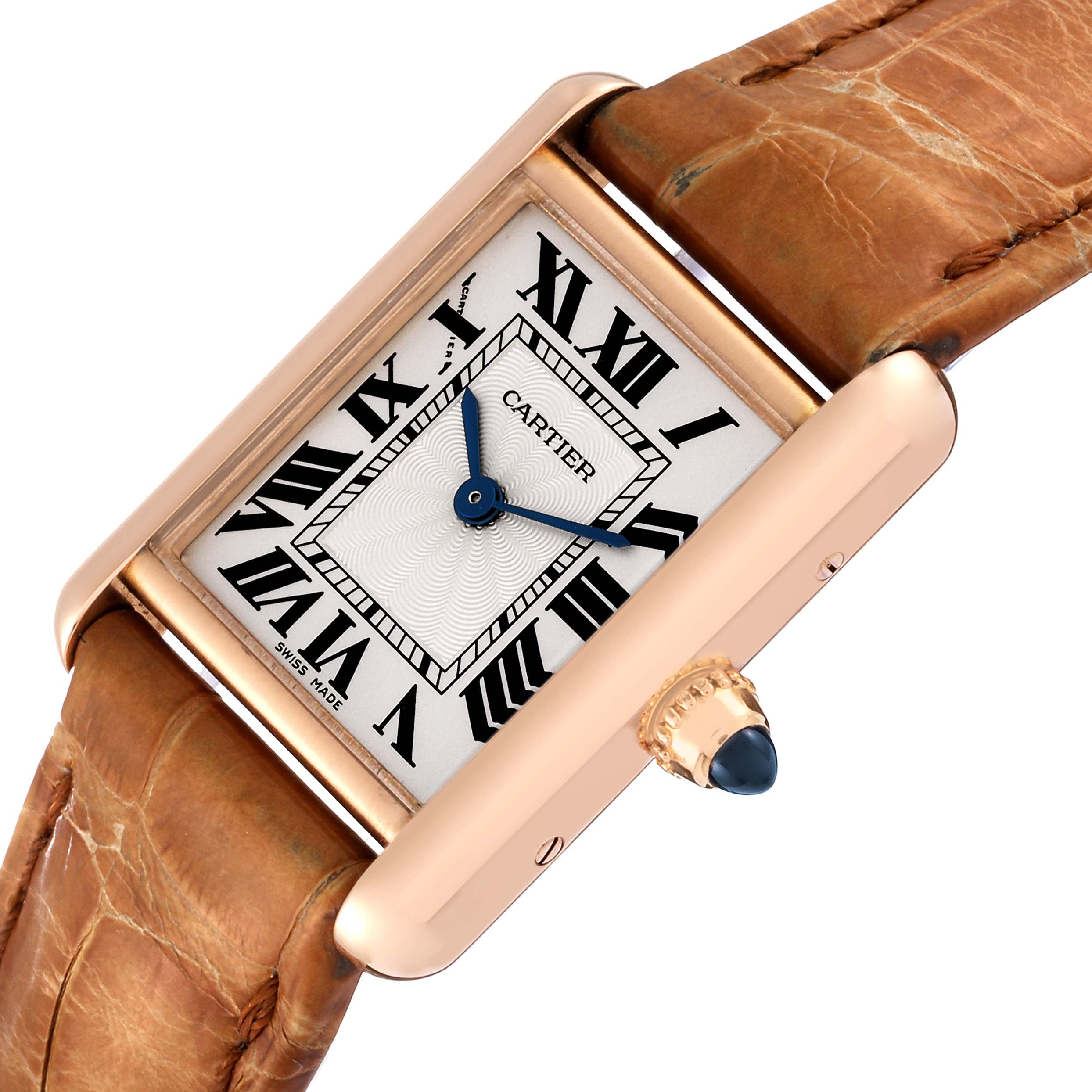 The image shows a Cartier Tank Louis WGTA0010 Women's Rose Gold Silver Dial WGTA0010 Women's Rose Gold Silver Dial watch face and crown from an angled front view.
