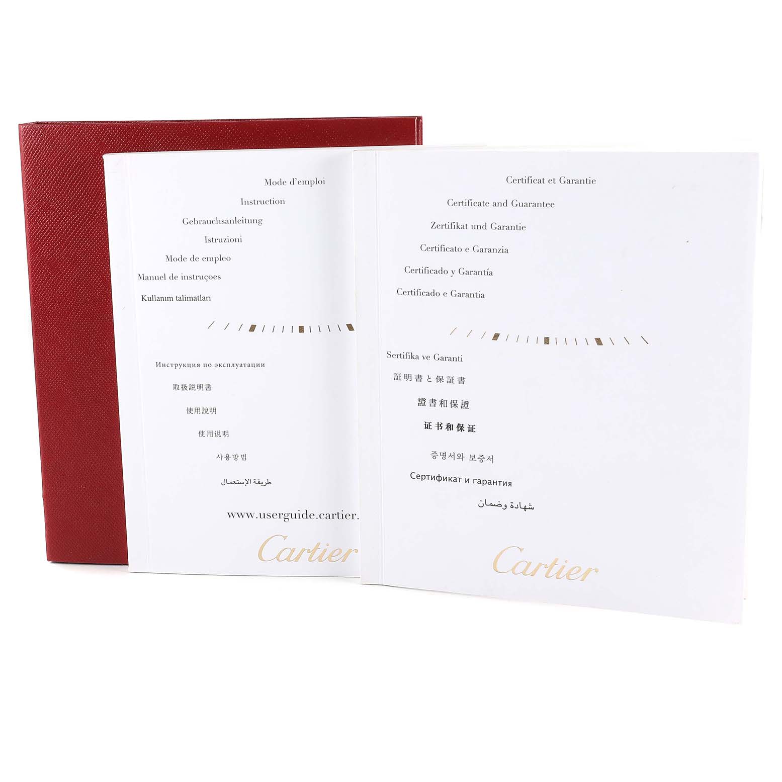 The image shows the instruction manual and certificate of guarantee for the Cartier Tank Louis WGTA0010 Women's Rose Gold Silver Dial WGTA0010 Women's Rose Gold Silver Dial watch, accompanied by a red booklet.