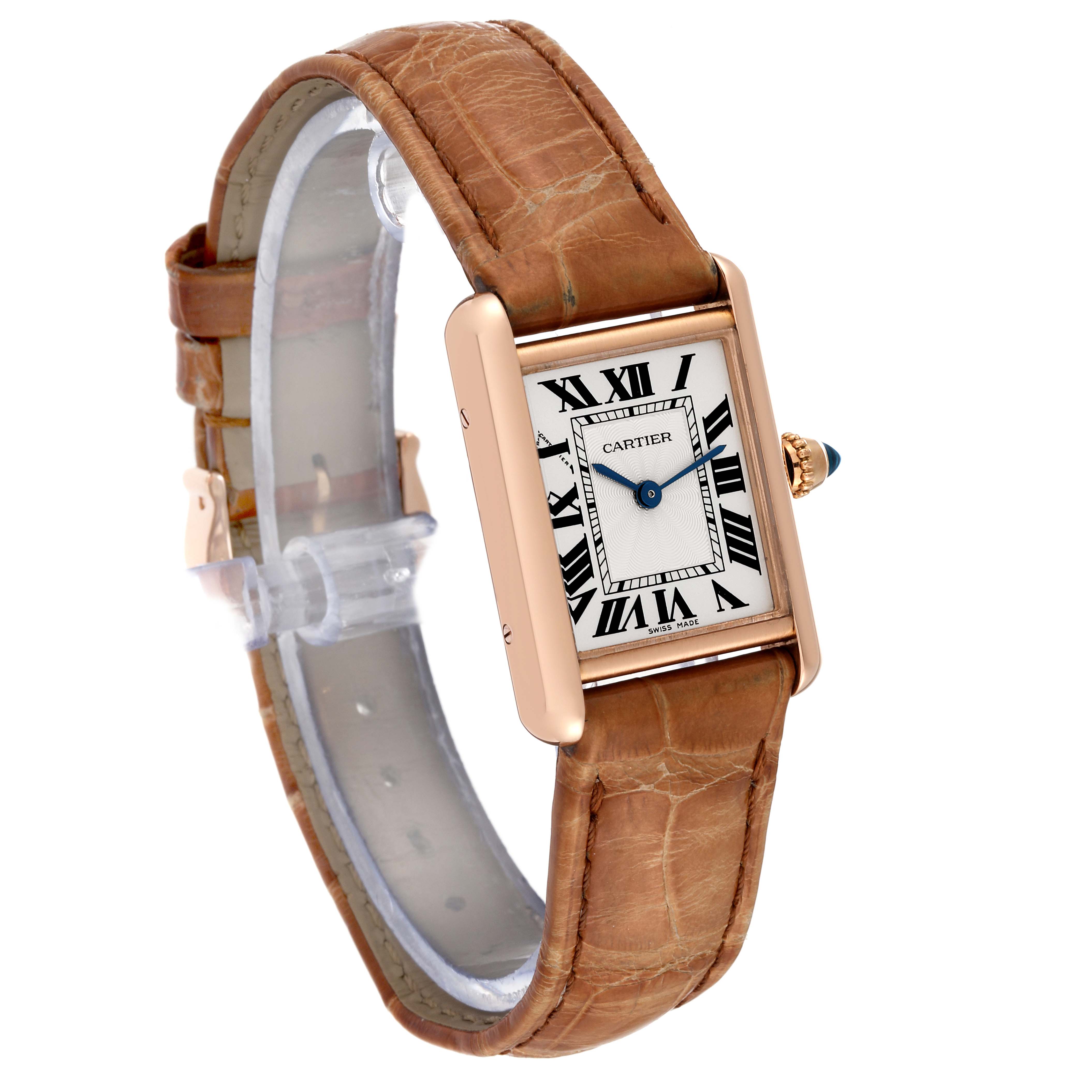 The image shows a side angle of the Cartier Tank Louis WGTA0010 Women's Rose Gold Silver Dial WGTA0010 Women's Rose Gold Silver Dial watch with a brown leather strap and Roman numeral dial.