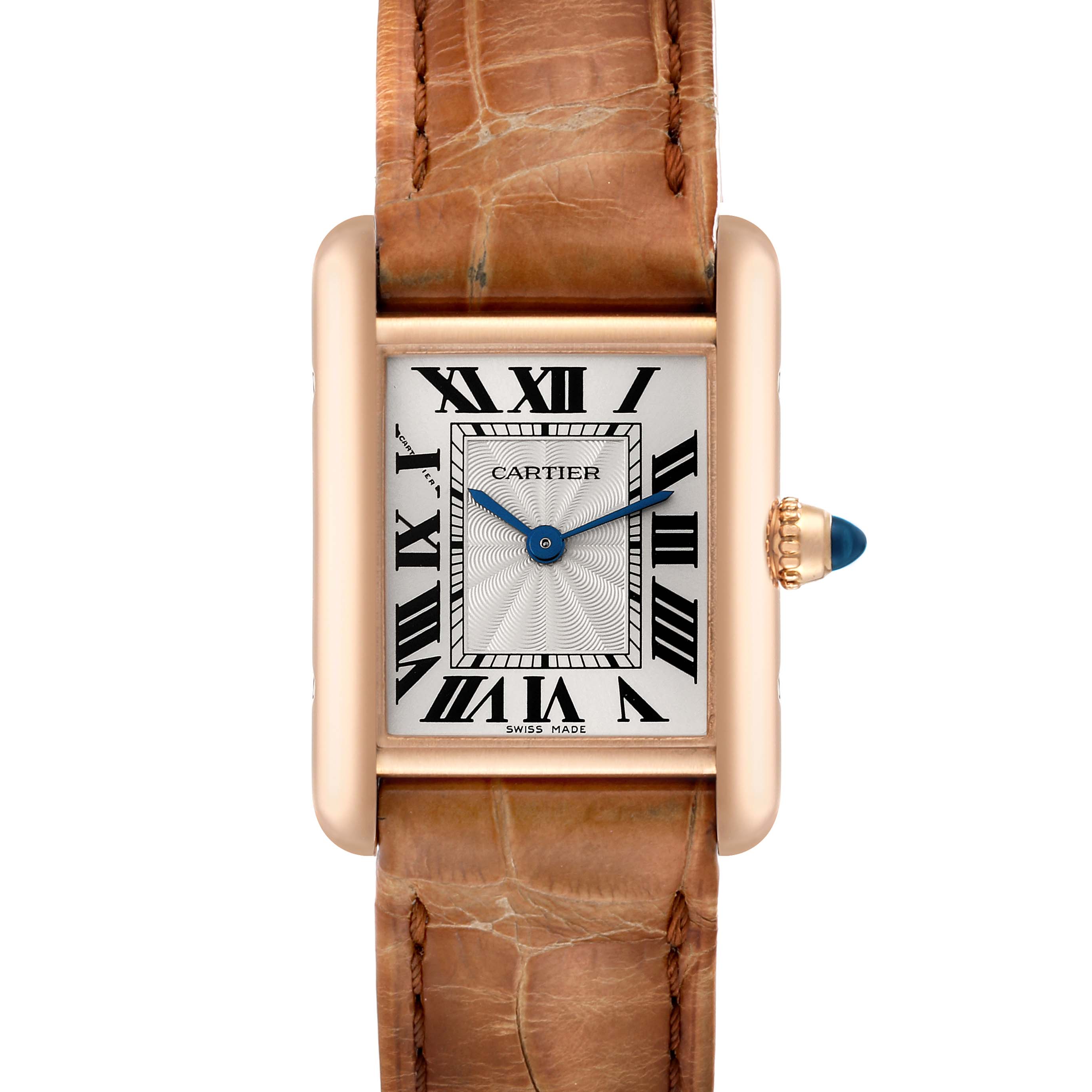 The Tank Louis model by Cartier is shown from the front, displaying its dial, Roman numerals, hands, and brown strap.