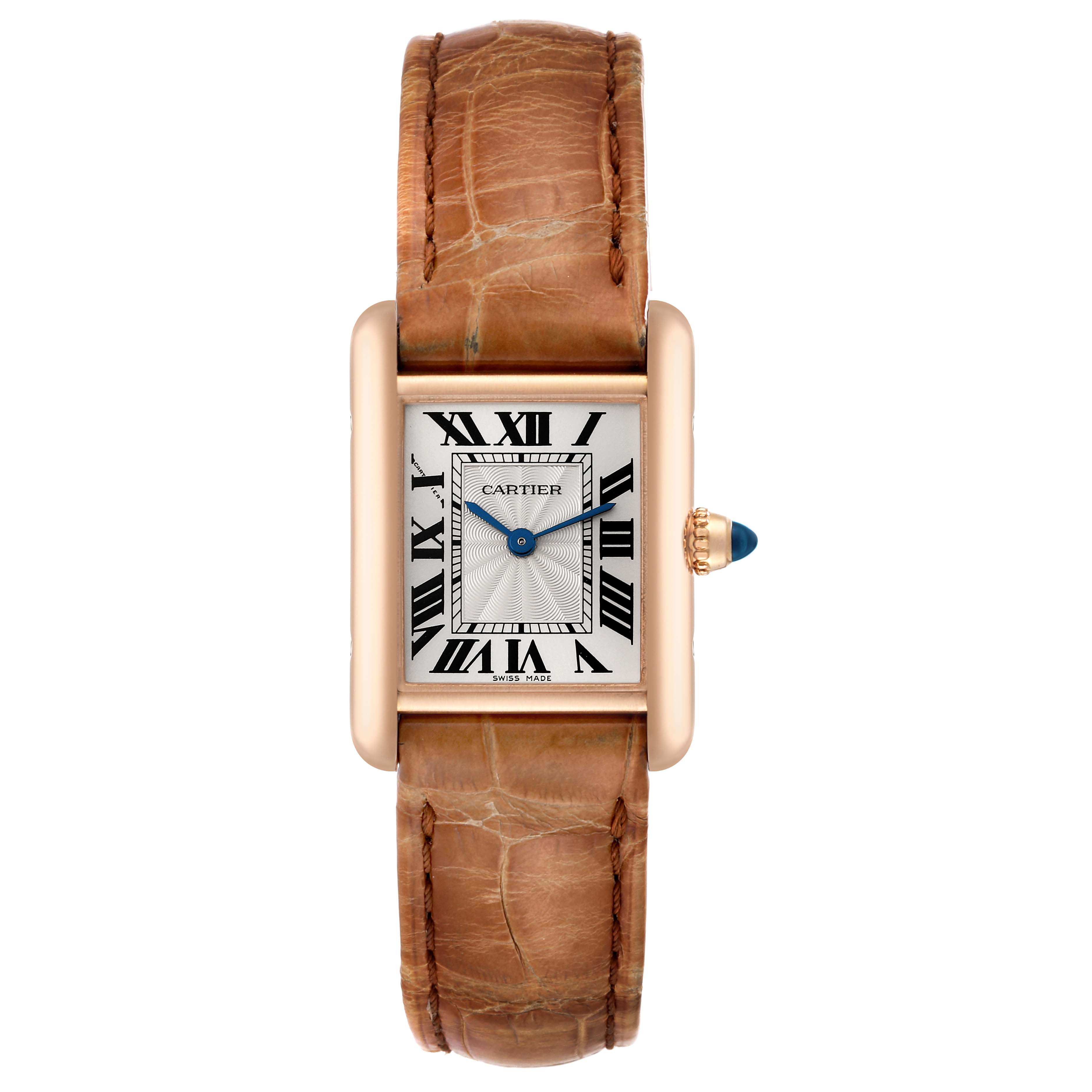 This image shows a Cartier Tank Louis WGTA0010 Women's Rose Gold Silver Dial WGTA0010 Women's Rose Gold Silver Dial watch from a front view, highlighting its rectangular dial, Roman numerals, blue hands, and brown leather strap.