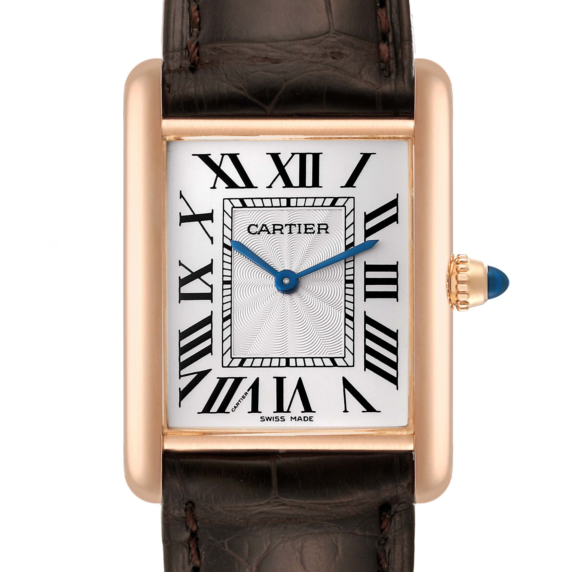 This image shows a front view of a Cartier Tank Louis WGTA0011 Men's Rose Gold Silver Dial WGTA0011 Men's Rose Gold Silver Dial watch, highlighting its Roman numeral dial, gold case, and leather strap.
