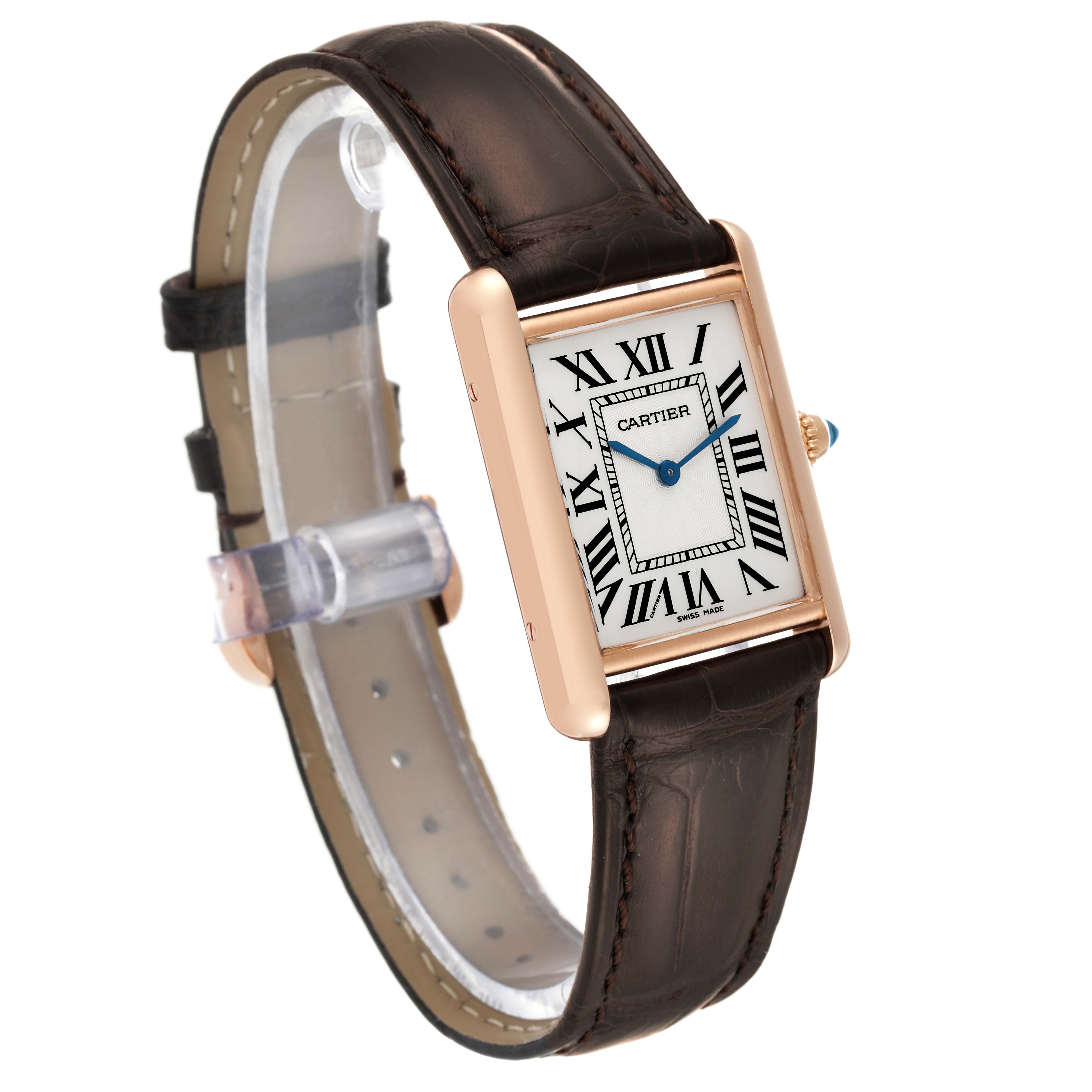 The image shows a Cartier Tank Louis WGTA0011 Men's Rose Gold Silver Dial WGTA0011 Men's Rose Gold Silver Dial watch at a three-quarter angle, highlighting the face, case, crown, and leather strap.