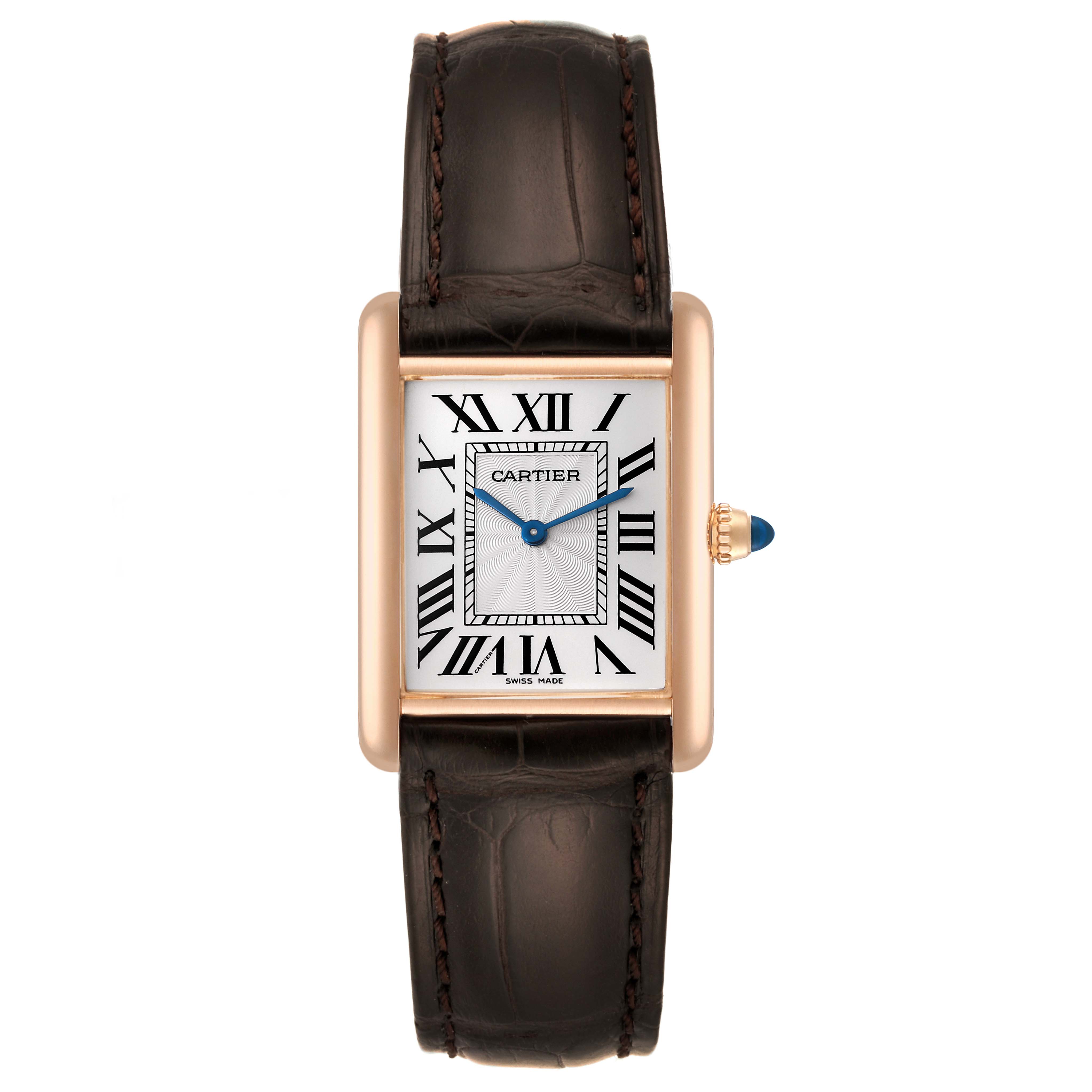 The image shows a front view of a Cartier Tank Louis WGTA0011 Men's Rose Gold Silver Dial WGTA0011 Men's Rose Gold Silver Dial watch, featuring its rectangular face, leather strap, and blue steel hands.