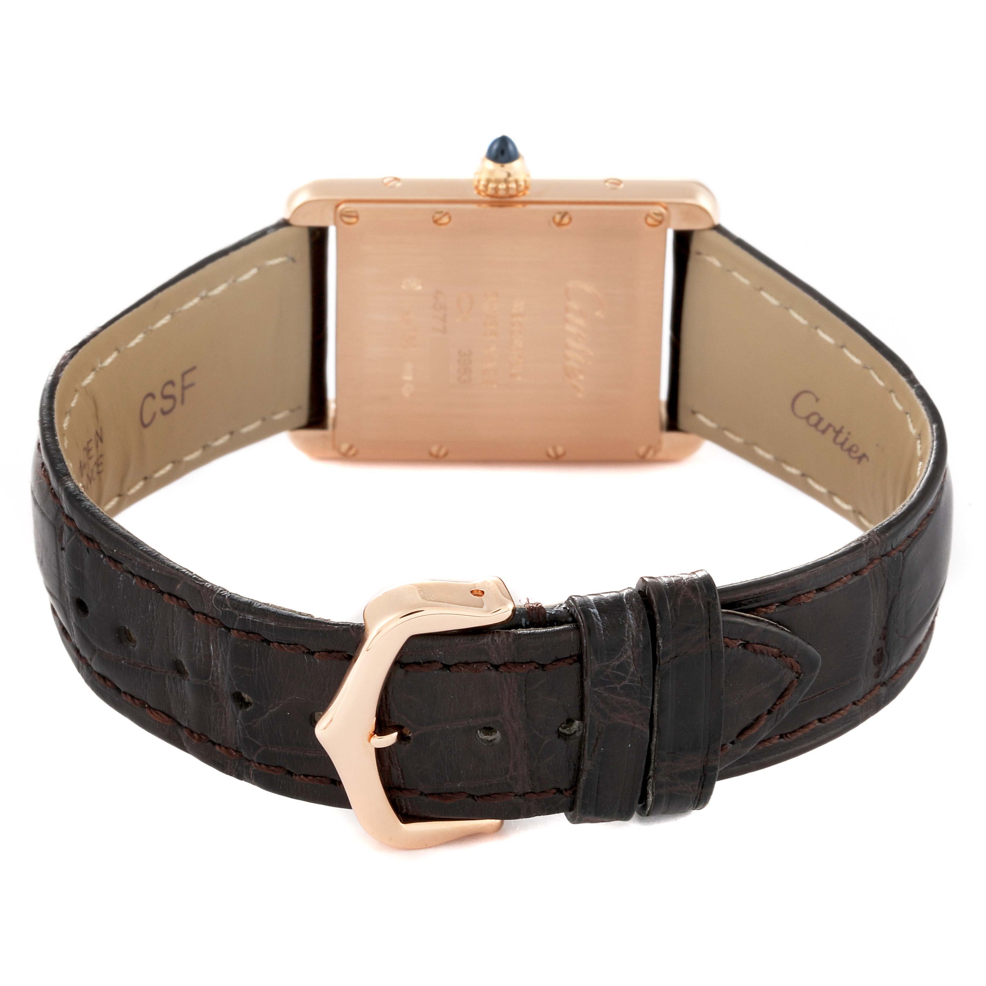 The image shows the back view of a Cartier Tank Louis WGTA0011 Men's Rose Gold Silver Dial WGTA0011 Men's Rose Gold Silver Dial watch, highlighting the strap, buckle, and case back.