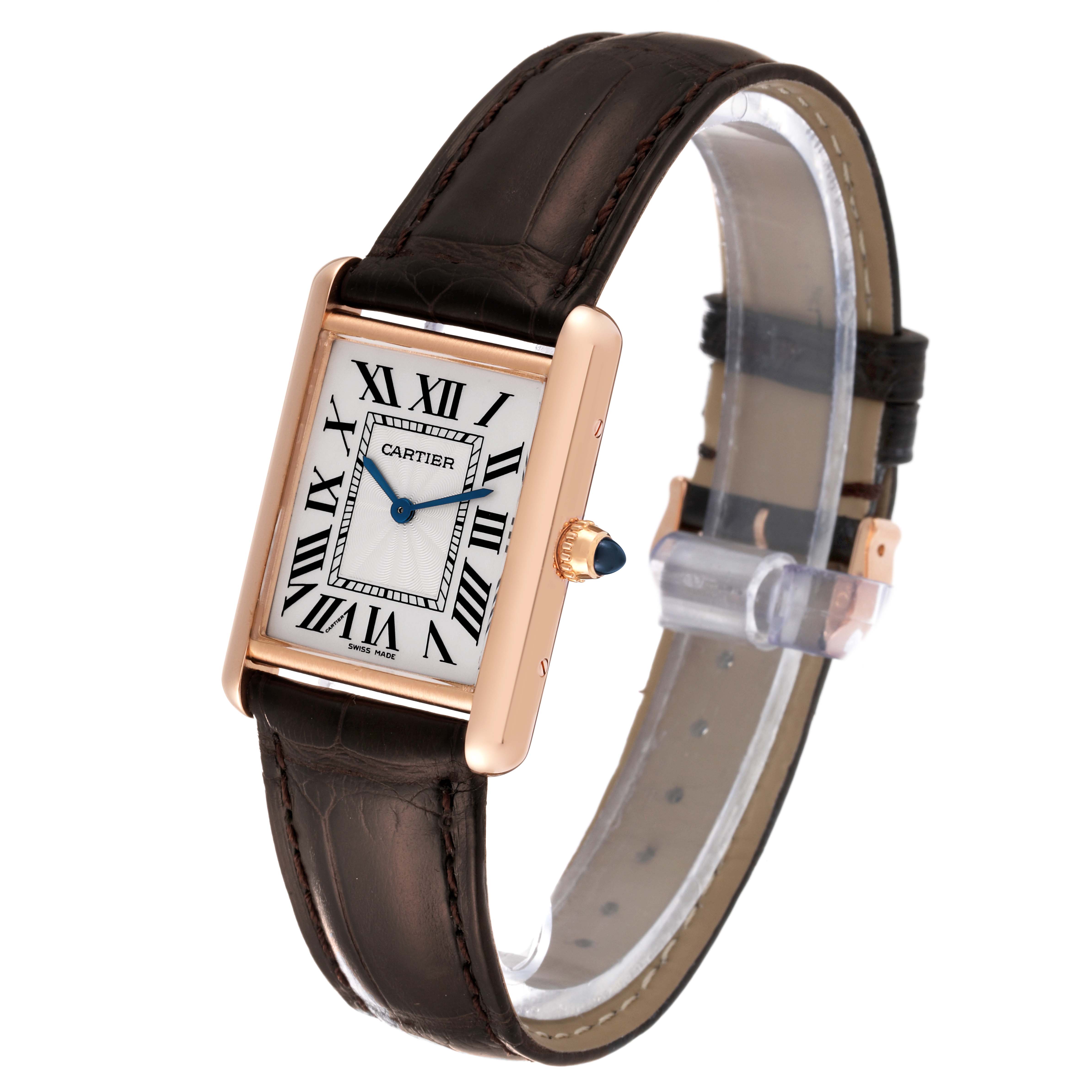 The image shows a Cartier Tank Louis WGTA0011 Men's Rose Gold Silver Dial WGTA0011 Men's Rose Gold Silver Dial watch at an angled view, displaying the face, leather strap, and side crown.