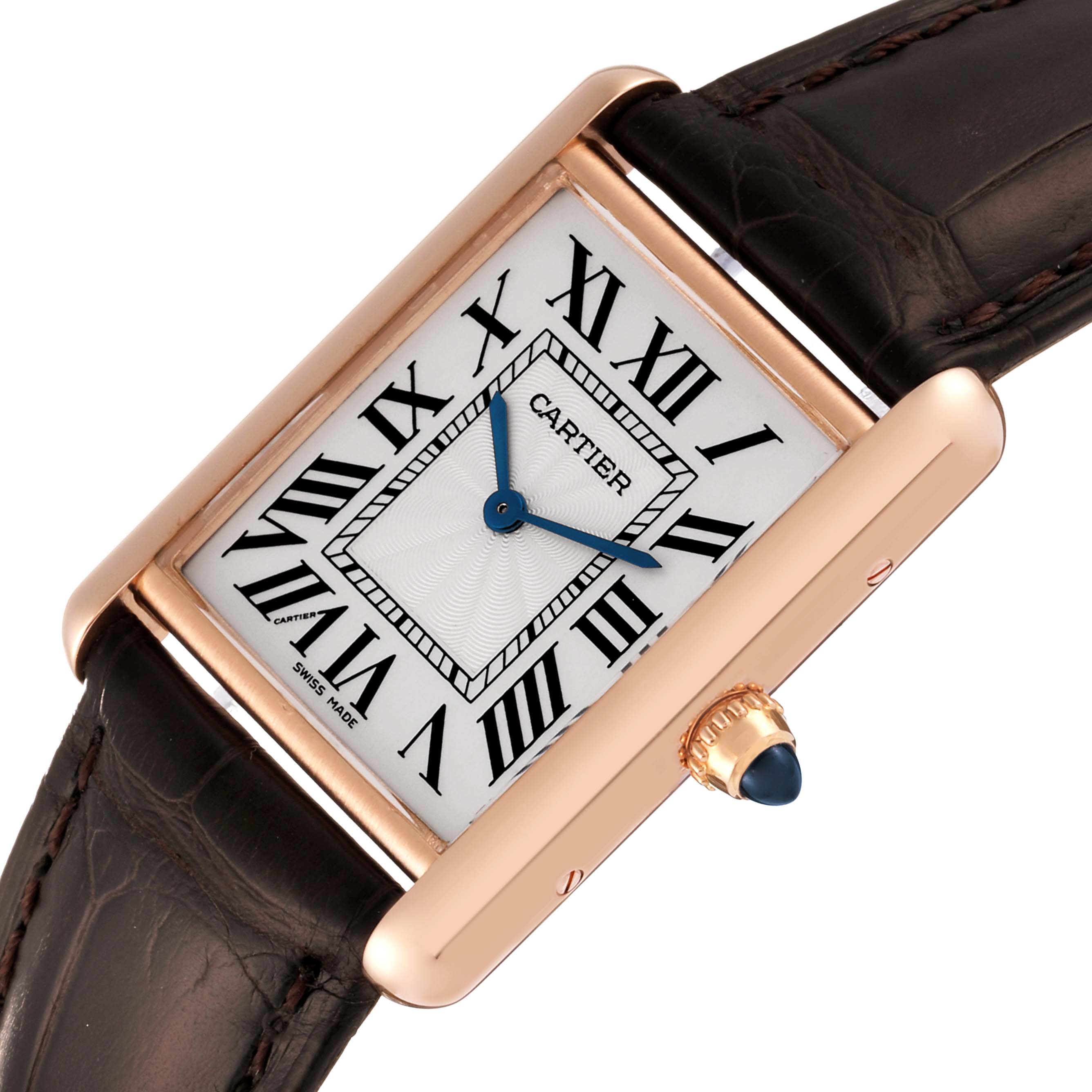 This image shows a Cartier Tank Louis WGTA0011 Men's Rose Gold Silver Dial WGTA0011 Men's Rose Gold Silver Dial watch face, crown, and part of the leather strap at a slight angle.