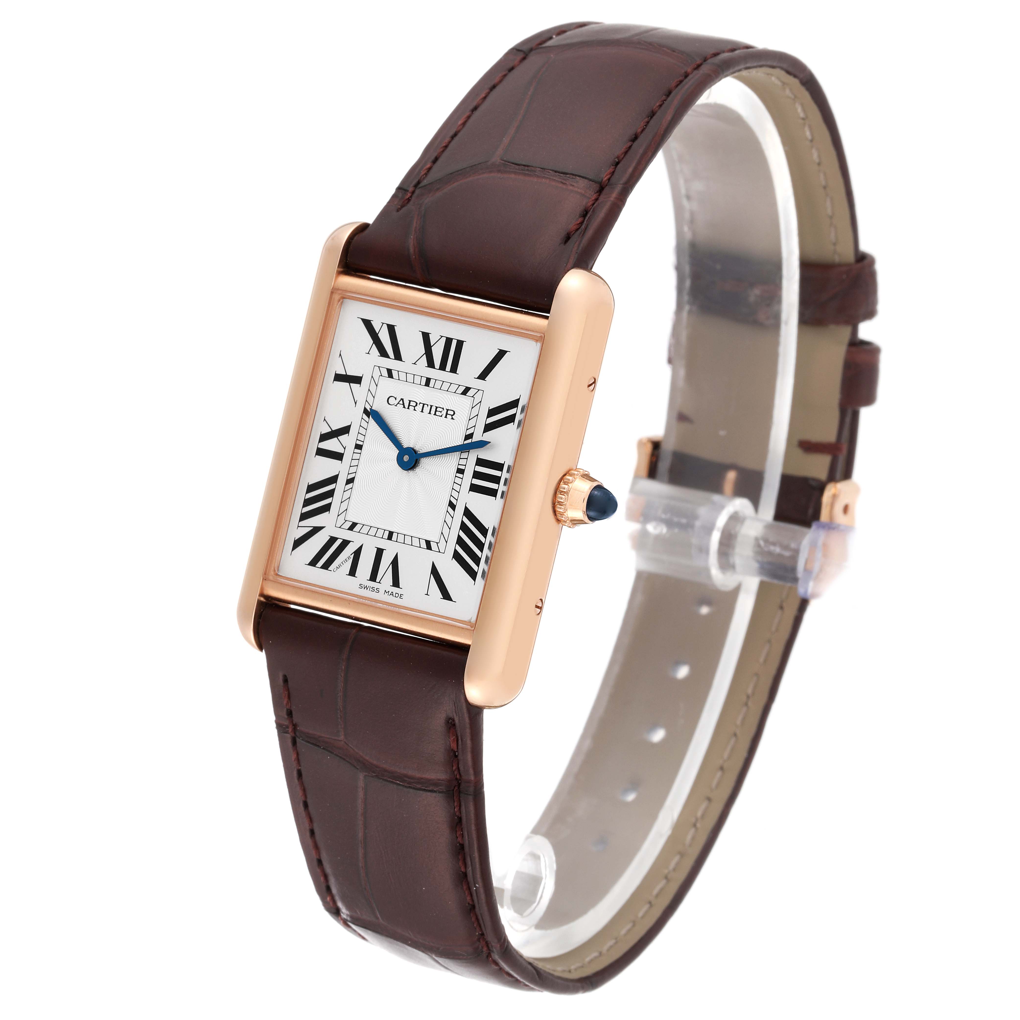 This image shows a Cartier Tank Louis WGTA0011 Men
s Rose Gold Silver Dial WGTA0011 Men
s Rose Gold Silver Dial wristwatch angled to display the face, strap, and side crown.