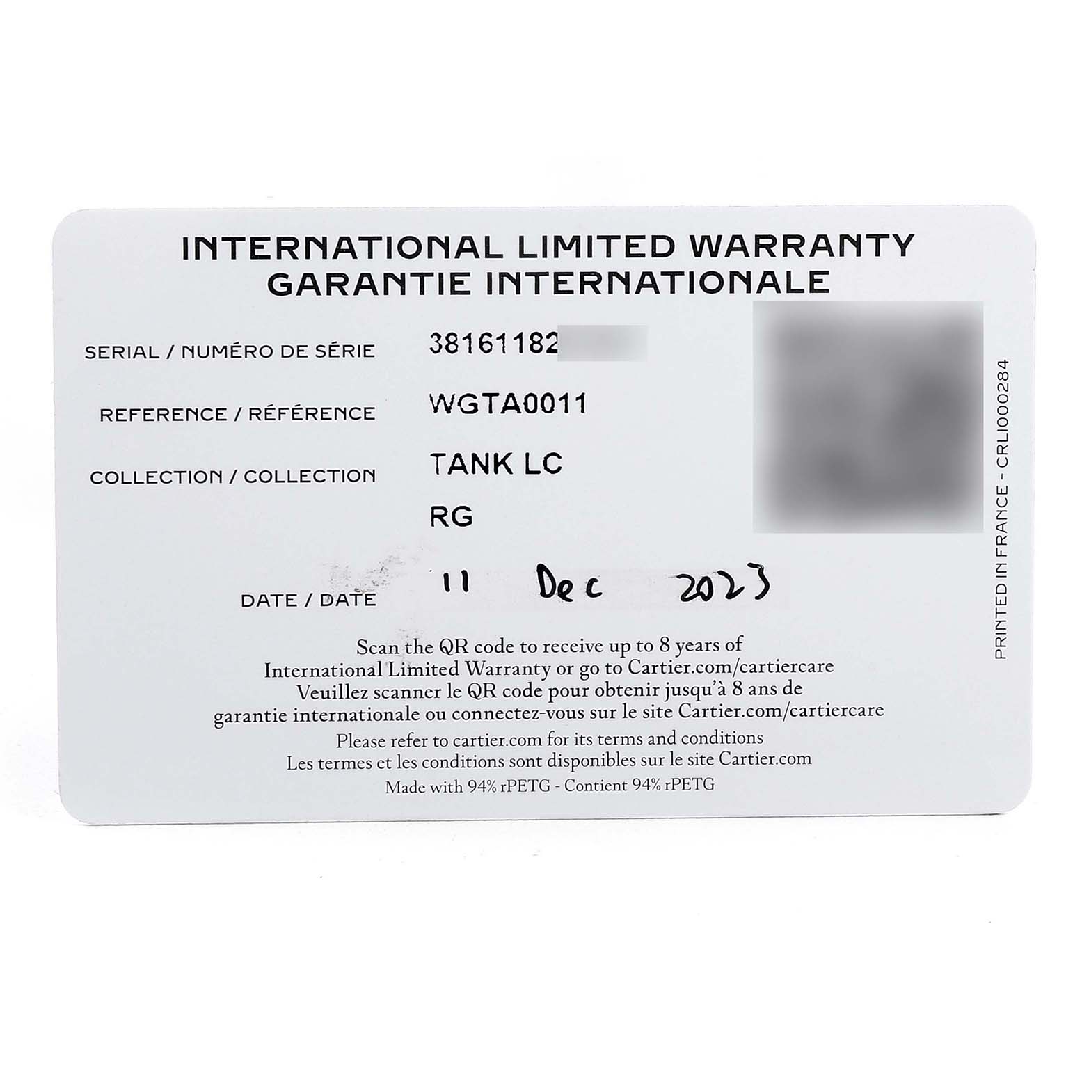 The image shows an International Limited Warranty card for the Cartier Tank Louis WGTA0011 Men
s Rose Gold Silver Dial WGTA0011 Men
s Rose Gold Silver Dial model.