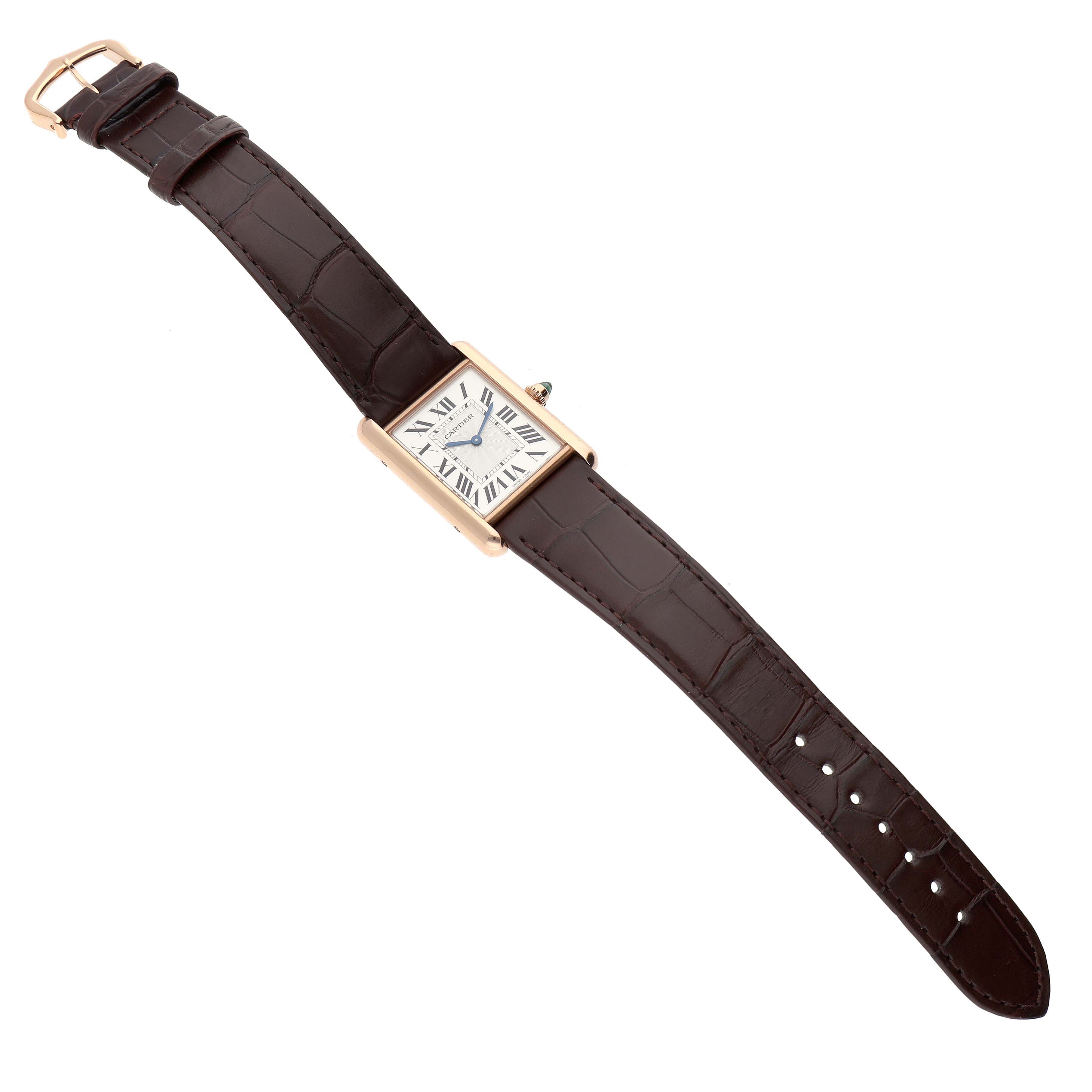 This Cartier Tank Louis WGTA0011 Men
s Rose Gold Silver Dial WGTA0011 Men
s Rose Gold Silver Dial model watch is shown flat, displaying the face, strap, buckle, and crown.