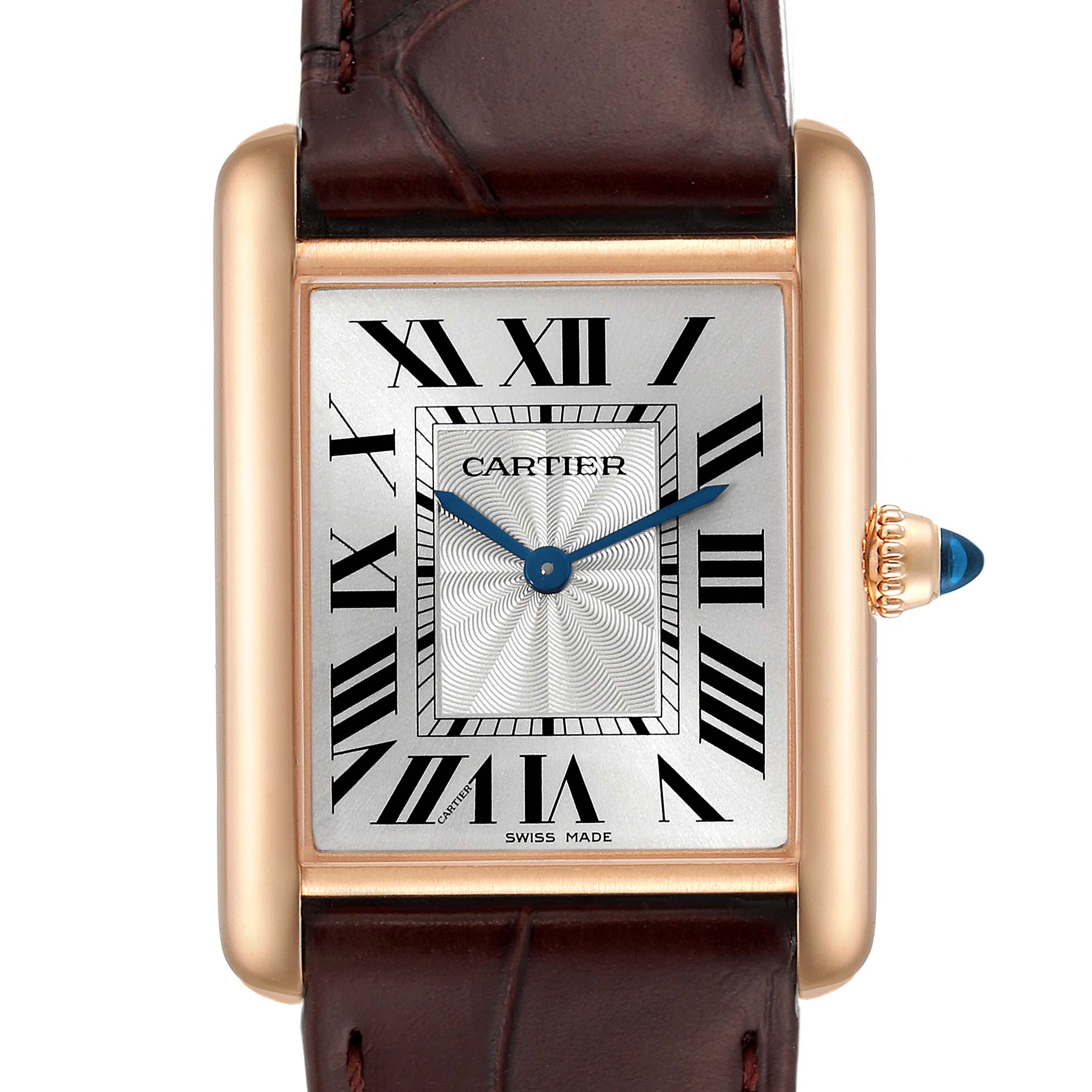 The image shows a front view of the Cartier Tank Louis WGTA0011 Men
s Rose Gold Silver Dial WGTA0011 Men
s Rose Gold Silver Dial watch, highlighting the watch face, Roman numerals, hands, and a portion of the strap.