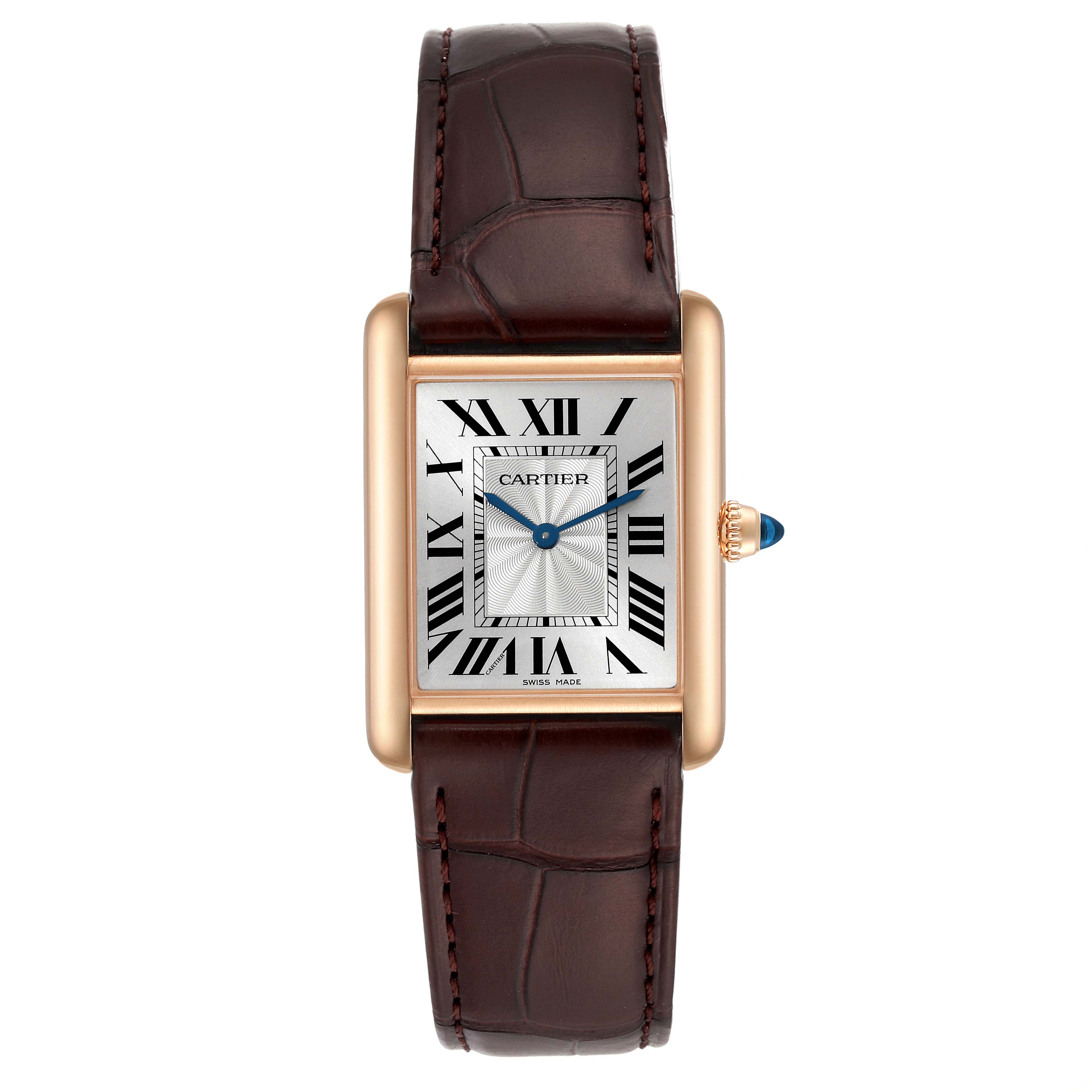 This image shows a front view of the Cartier Tank Louis WGTA0011 Men
s Rose Gold Silver Dial WGTA0011 Men
s Rose Gold Silver Dial watch with its dial, case, crown, and strap visible.