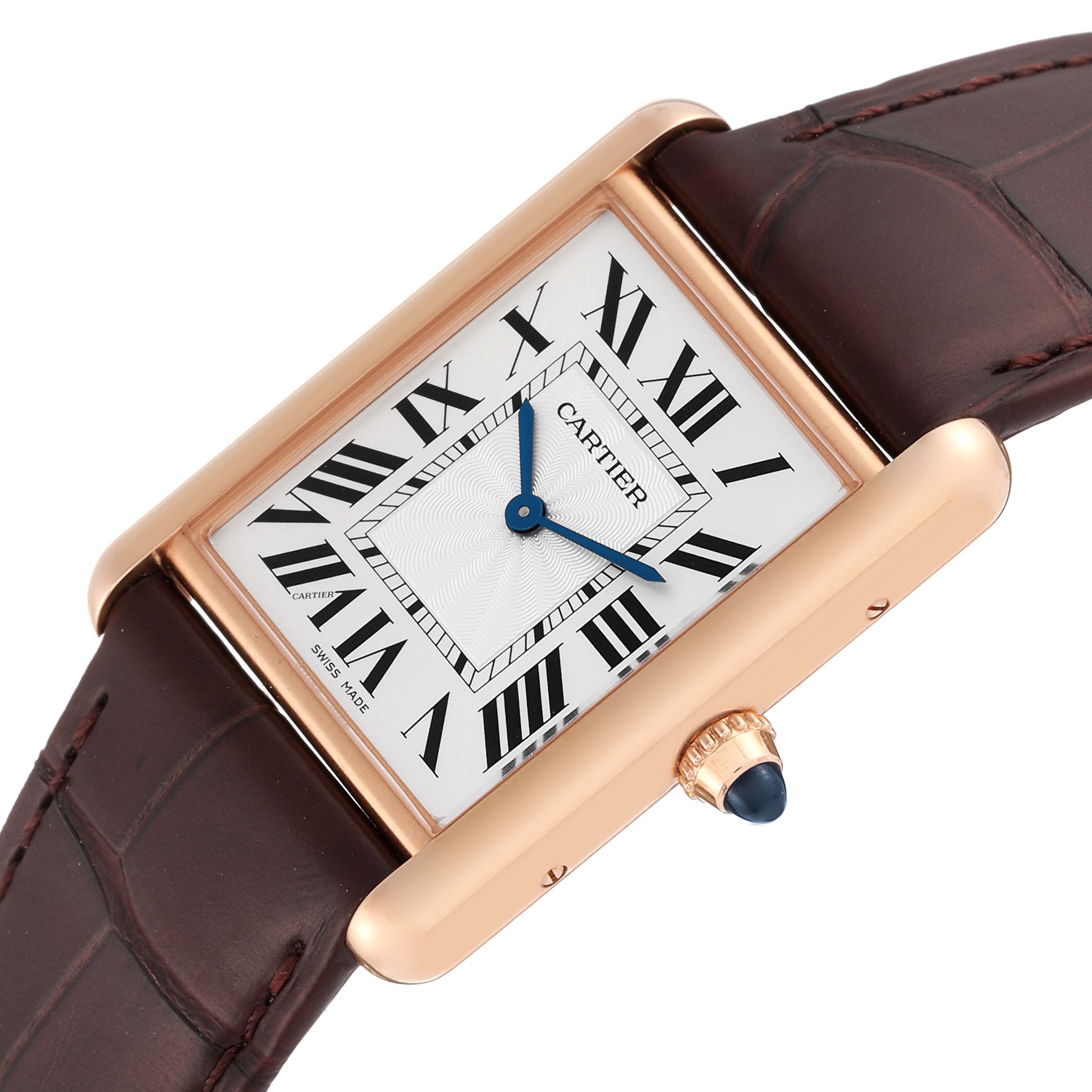 The Cartier Tank Louis WGTA0011 Men
s Rose Gold Silver Dial WGTA0011 Men
s Rose Gold Silver Dial model watch is shown at an angled top view highlighting its rectangular dial, Roman numerals, and brown leather strap.