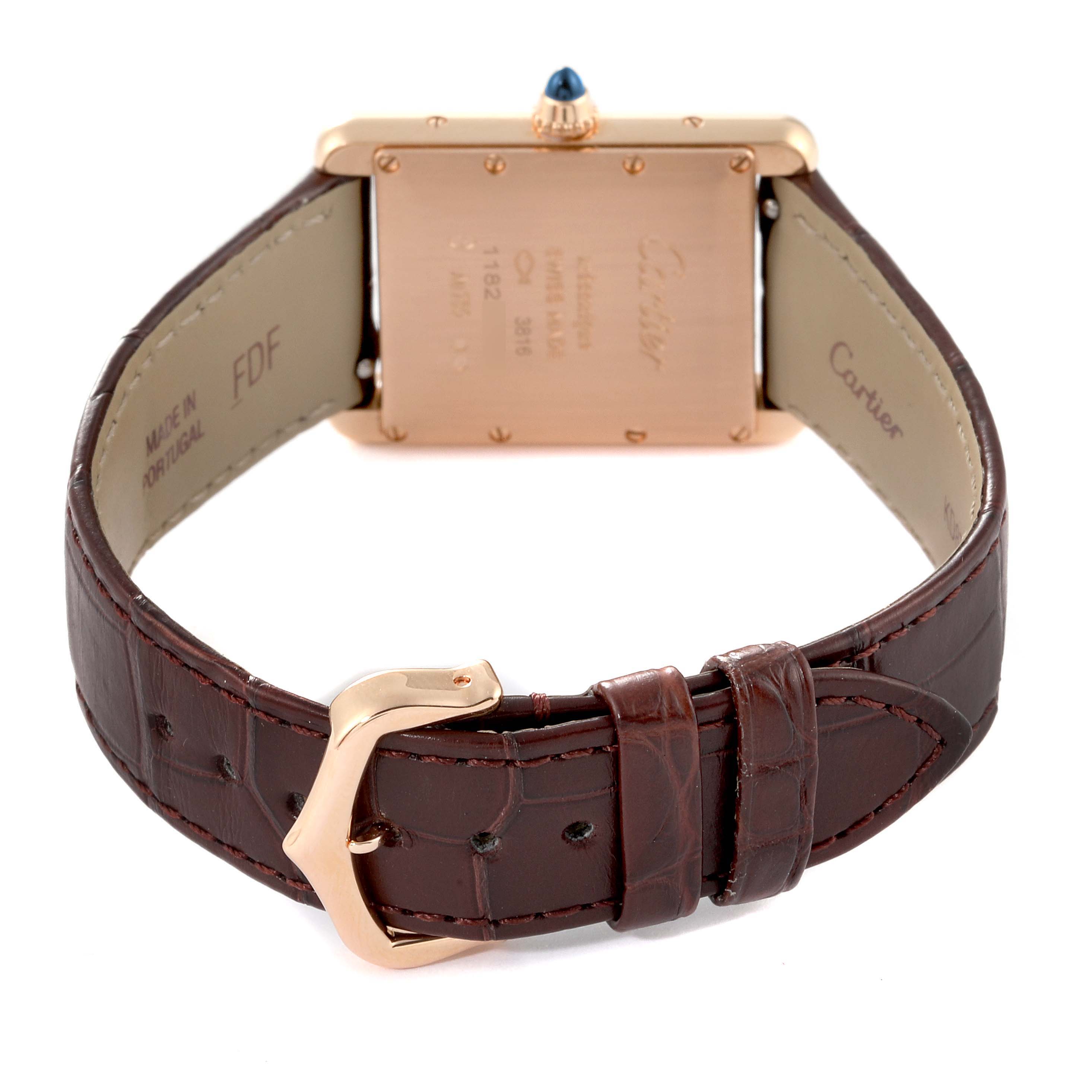 This image shows the back view of the Tank Louis model by Cartier, highlighting the buckle and leather strap.
