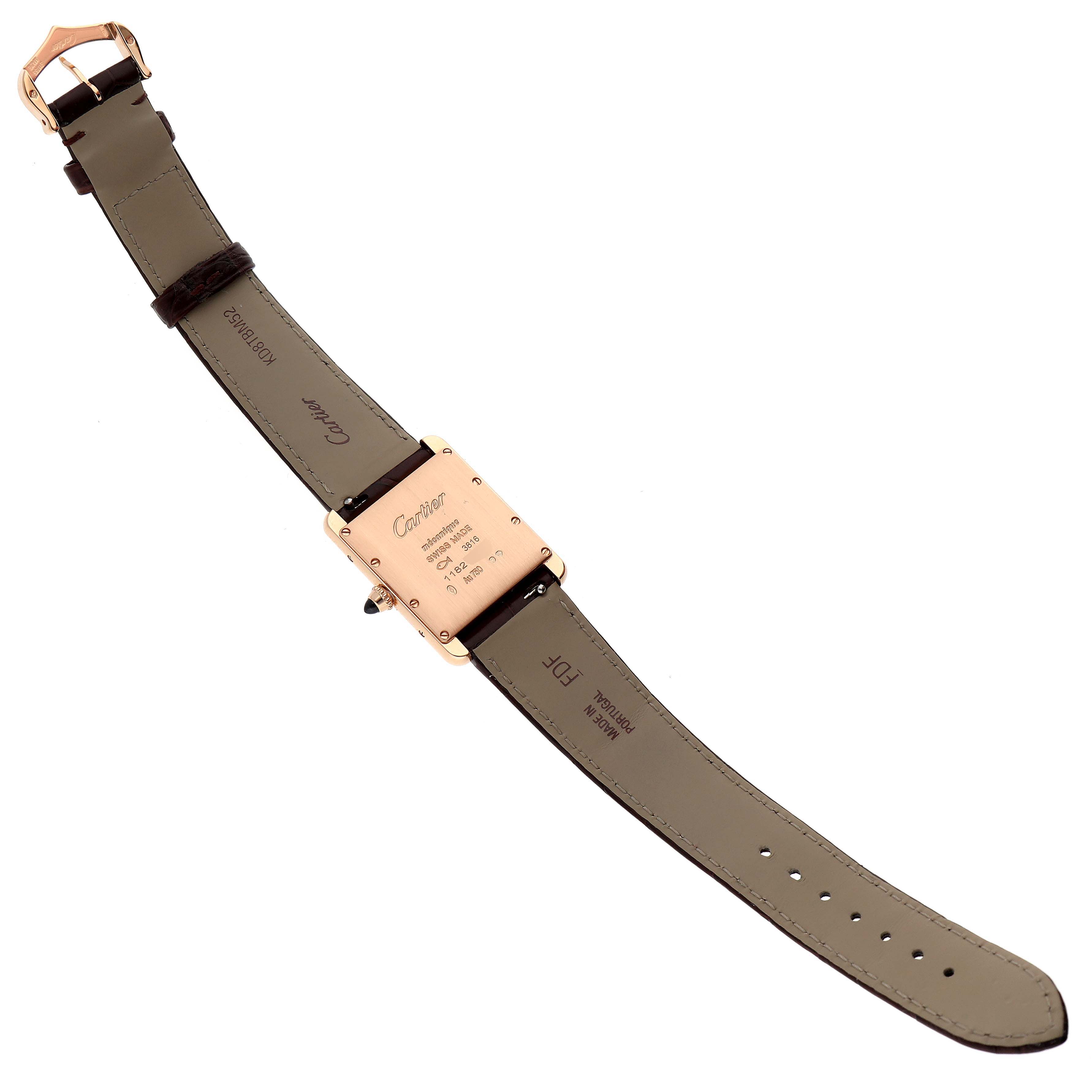 The image shows the back view of a Cartier Tank Louis WGTA0011 Men
s Rose Gold Silver Dial WGTA0011 Men
s Rose Gold Silver Dial watch, including the back cover, straps, and buckle.