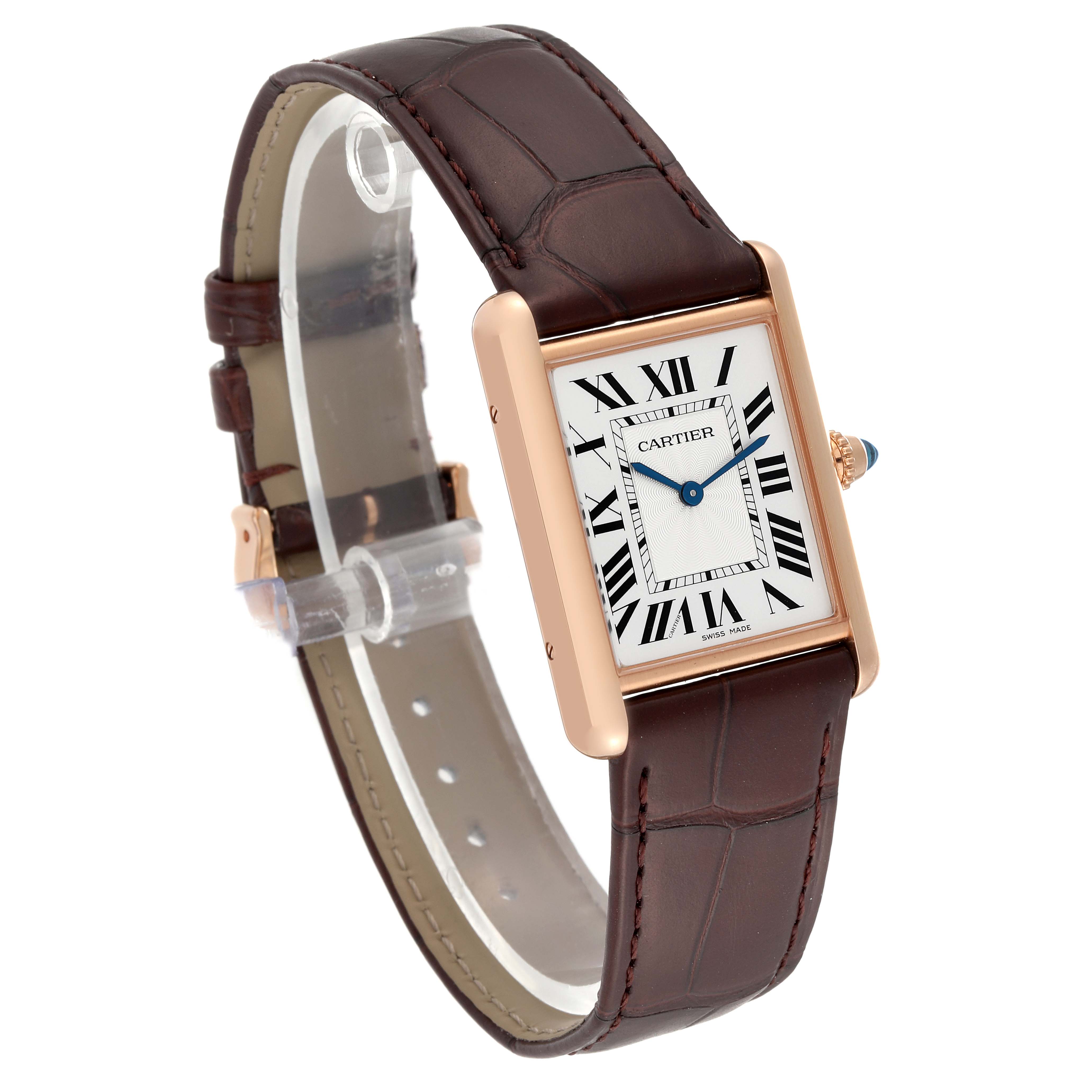The Cartier Tank Louis WGTA0011 Men
s Rose Gold Silver Dial WGTA0011 Men
s Rose Gold Silver Dial watch is shown at a slight angle, displaying its face, brown leather strap, and side crown.