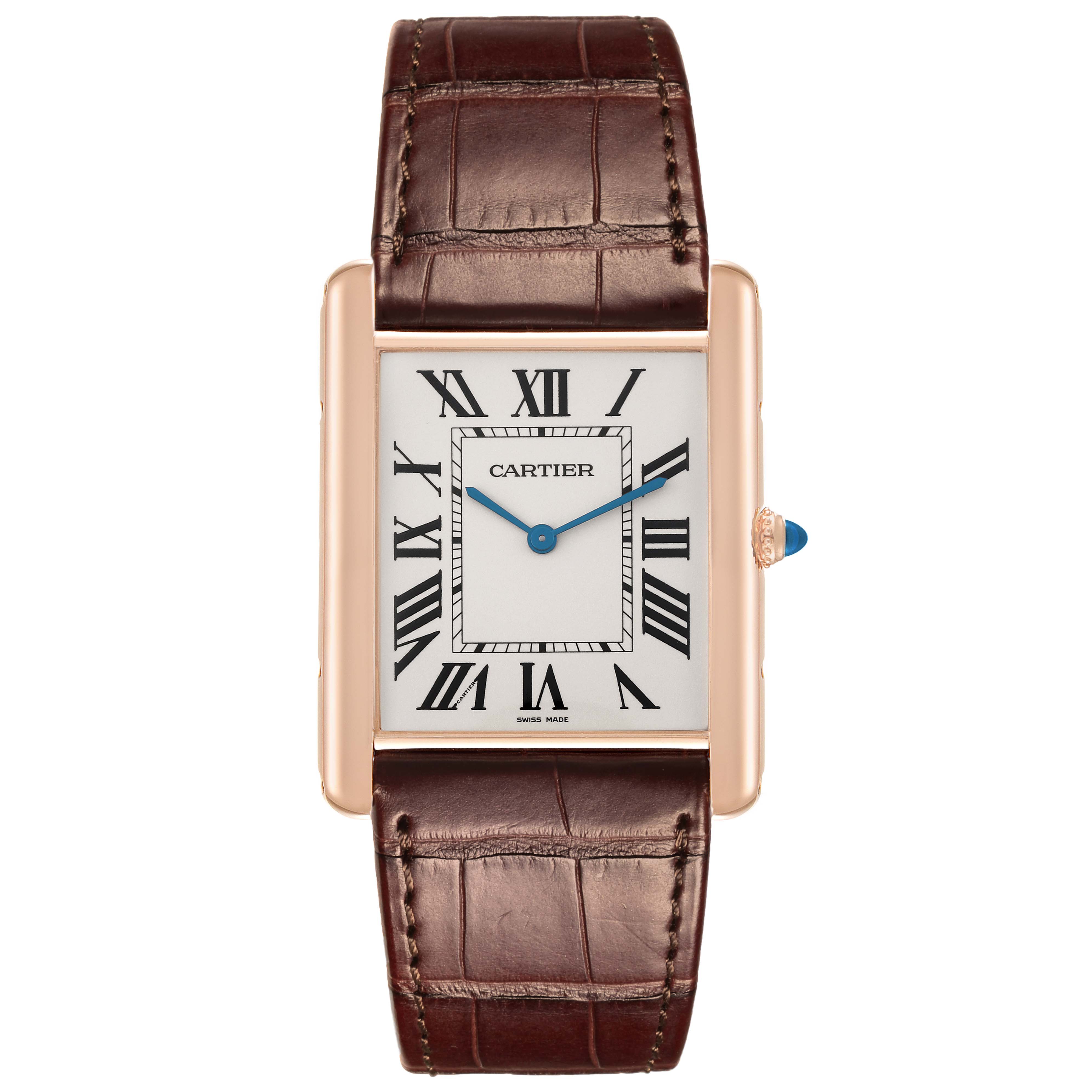 The Cartier Tank Louis W1560017 Men's Rose Gold Silver Dial W1560017 Men's Rose Gold Silver Dial watch is shown from a top-down angle, highlighting the face, Roman numerals, and brown leather strap.