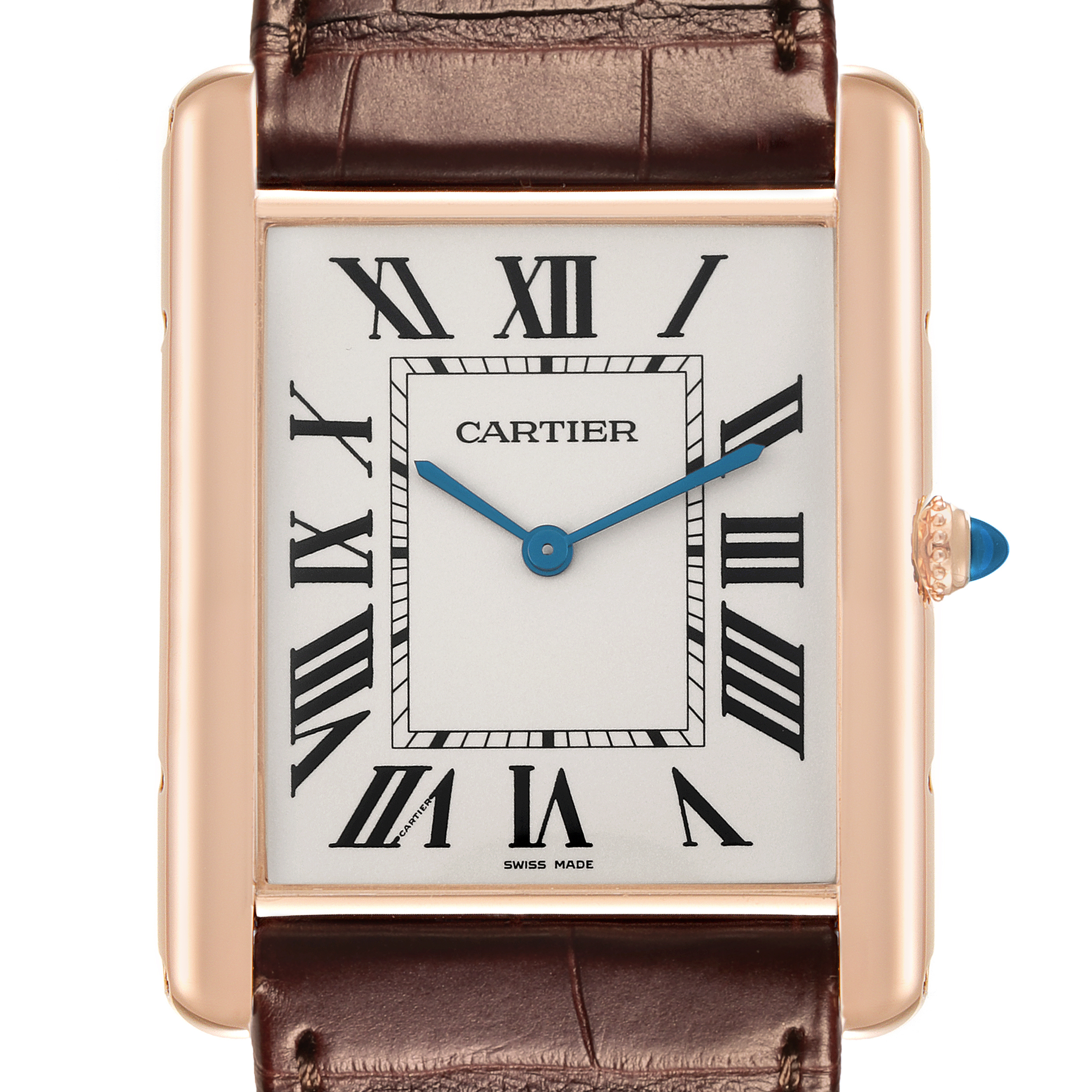 The Cartier Tank Louis W1560017 Men's Rose Gold Silver Dial W1560017 Men's Rose Gold Silver Dial watch is shown from a front angle, highlighting its white dial, Roman numerals, blue hands, and brown leather strap.