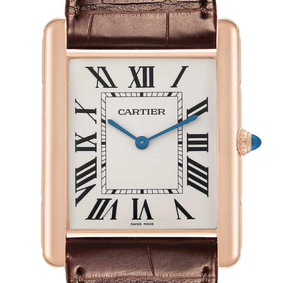 The Cartier Tank Louis watch is shown from a front angle, highlighting its white dial, Roman numerals, blue hands, and brown leather strap.