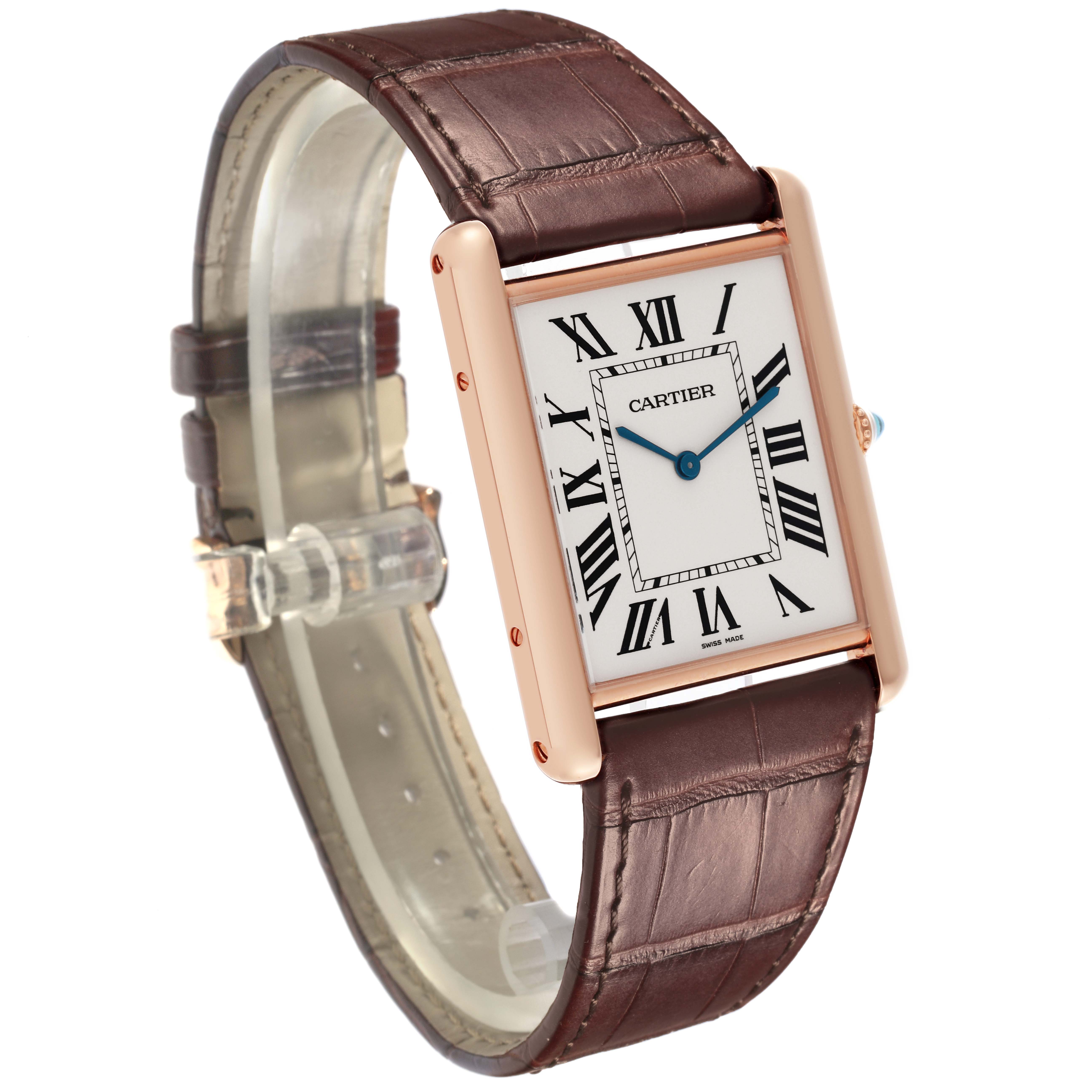 The Cartier Tank Louis W1560017 Men's Rose Gold Silver Dial W1560017 Men's Rose Gold Silver Dial watch is shown at a three-quarter angle, highlighting its rectangular case, Roman numeral dial, and brown leather strap.