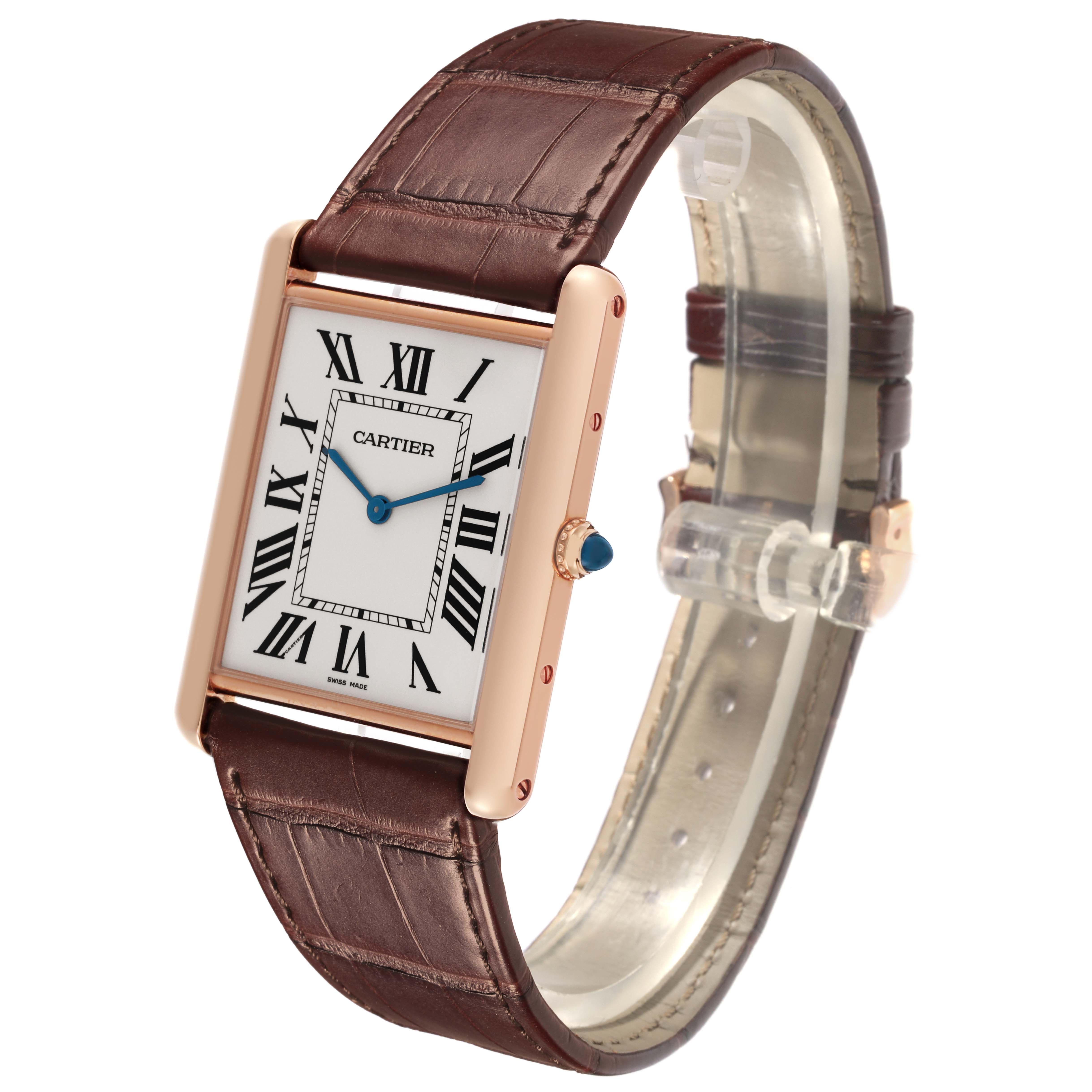 The Cartier Tank Louis W1560017 Men's Rose Gold Silver Dial W1560017 Men's Rose Gold Silver Dial watch is shown at an angled side profile, displaying the face, crown, and leather strap.